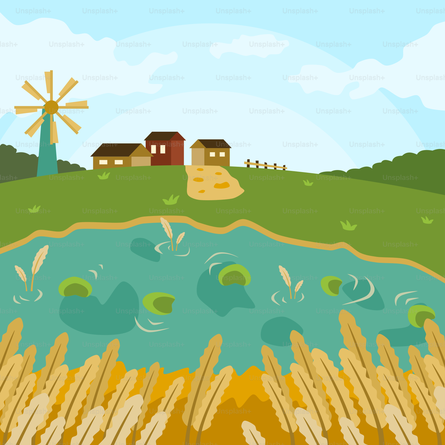 A painting of a farm with a windmill in the background