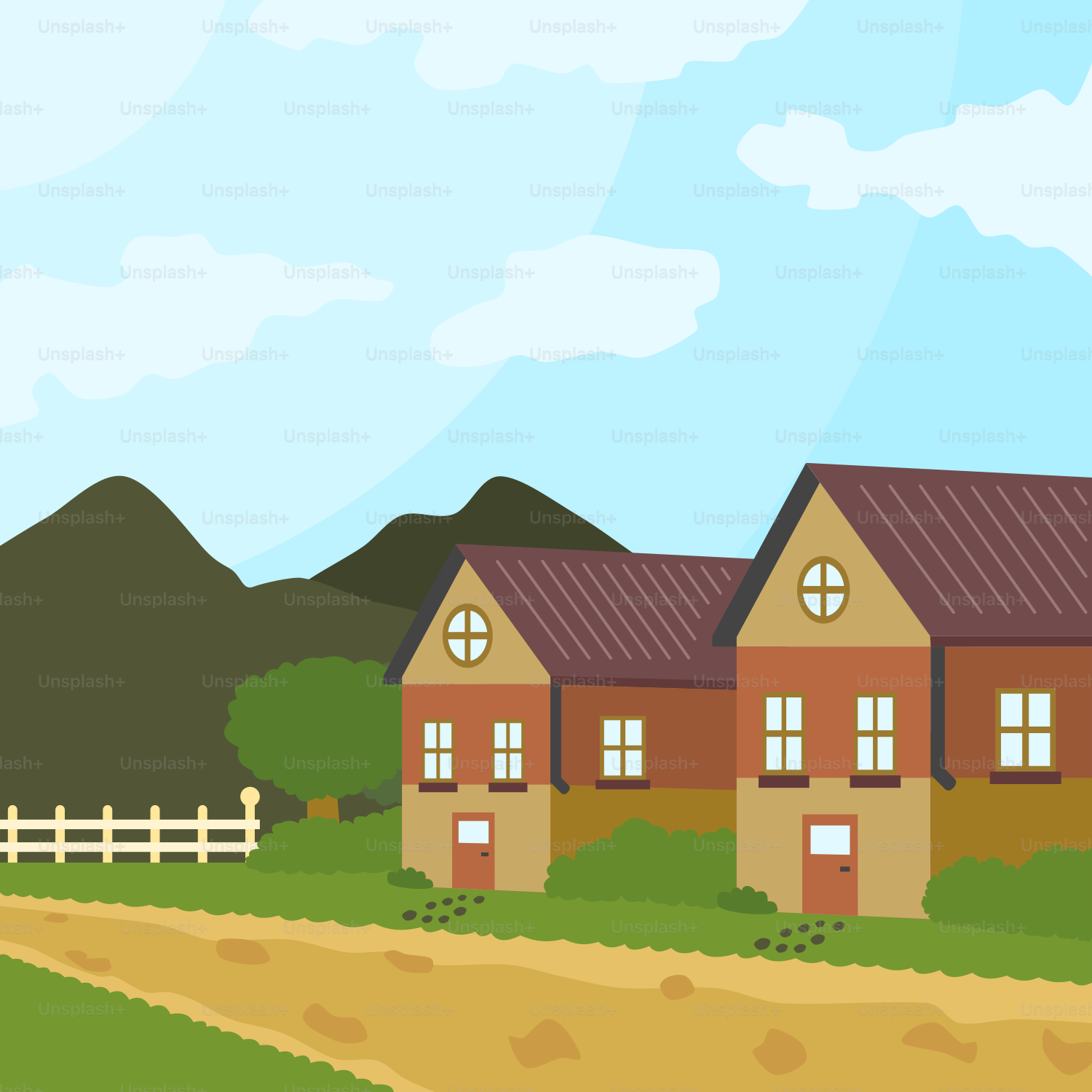 A cartoon picture of a house in the country