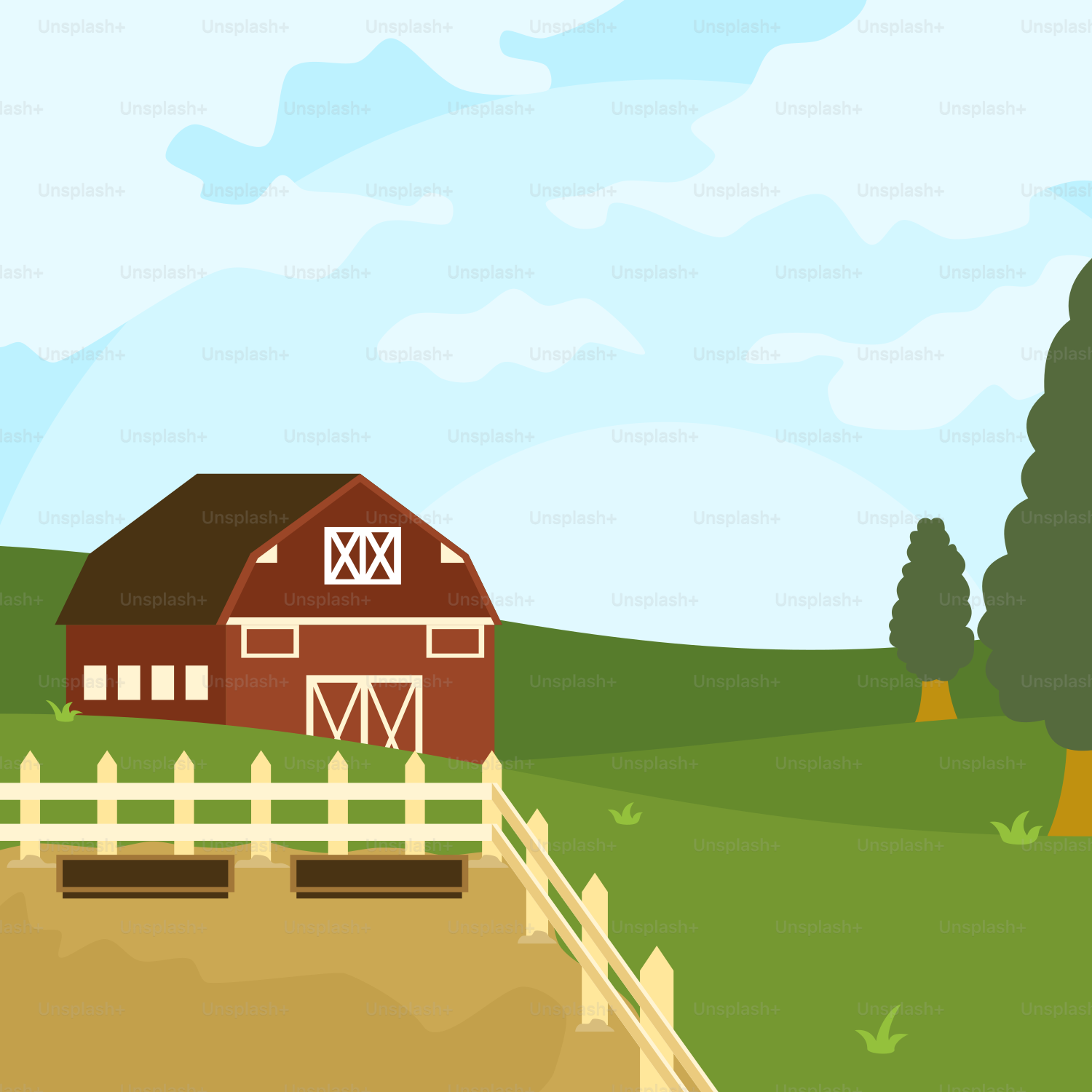 Una escena de granja con un granero rojo y una valla blanca vector – Imagen  de Al aire libre en Unsplash, image size:3000x3000