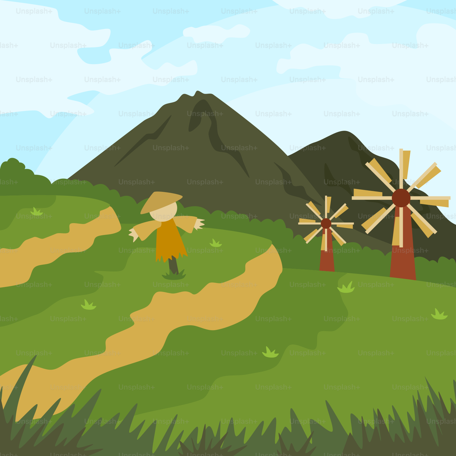 Un dessin animé d’une personne debout dans un champ