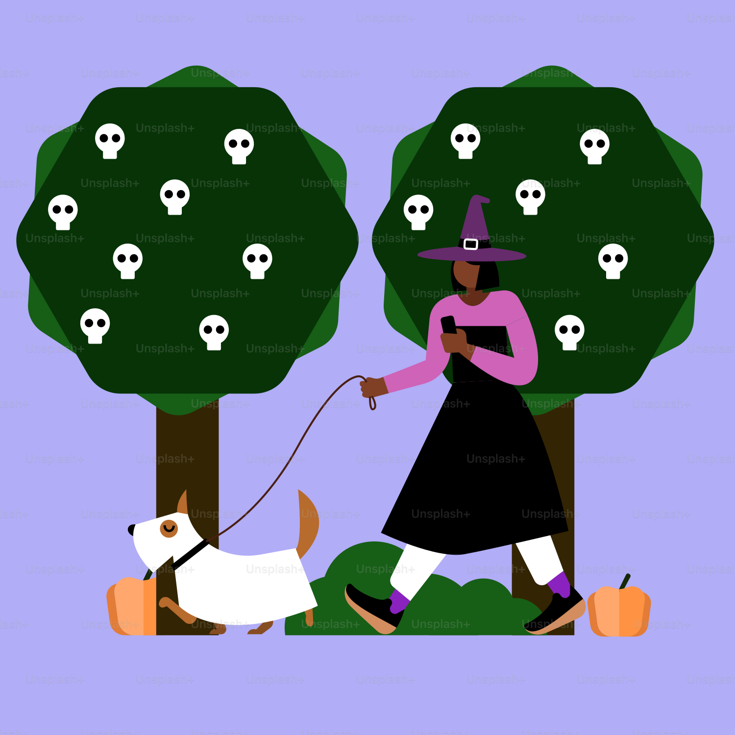 A woman walking a dog on a leash