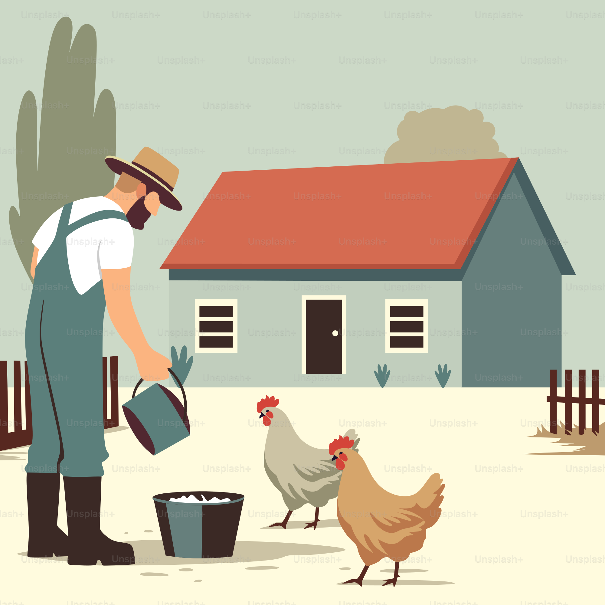 Un homme arrose la cour avec des poules