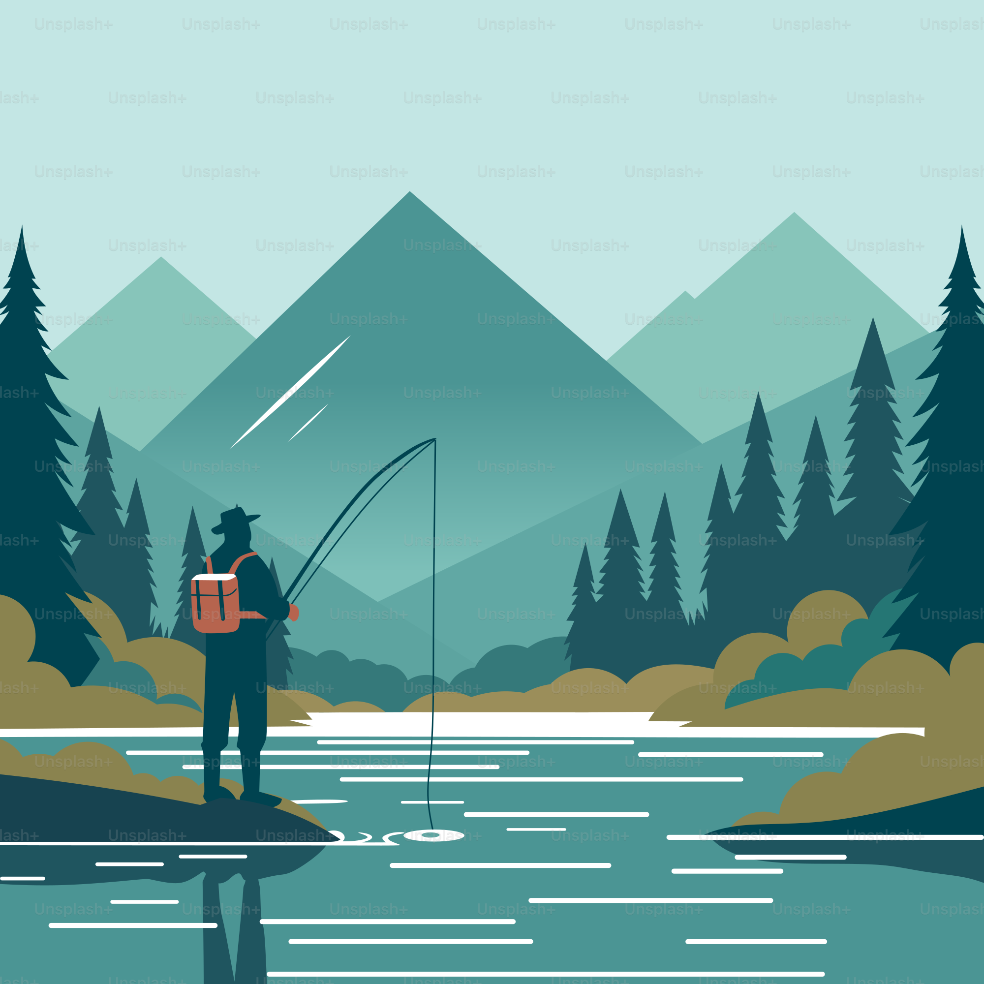 Un uomo in piedi su un fiume con una canna da pesca