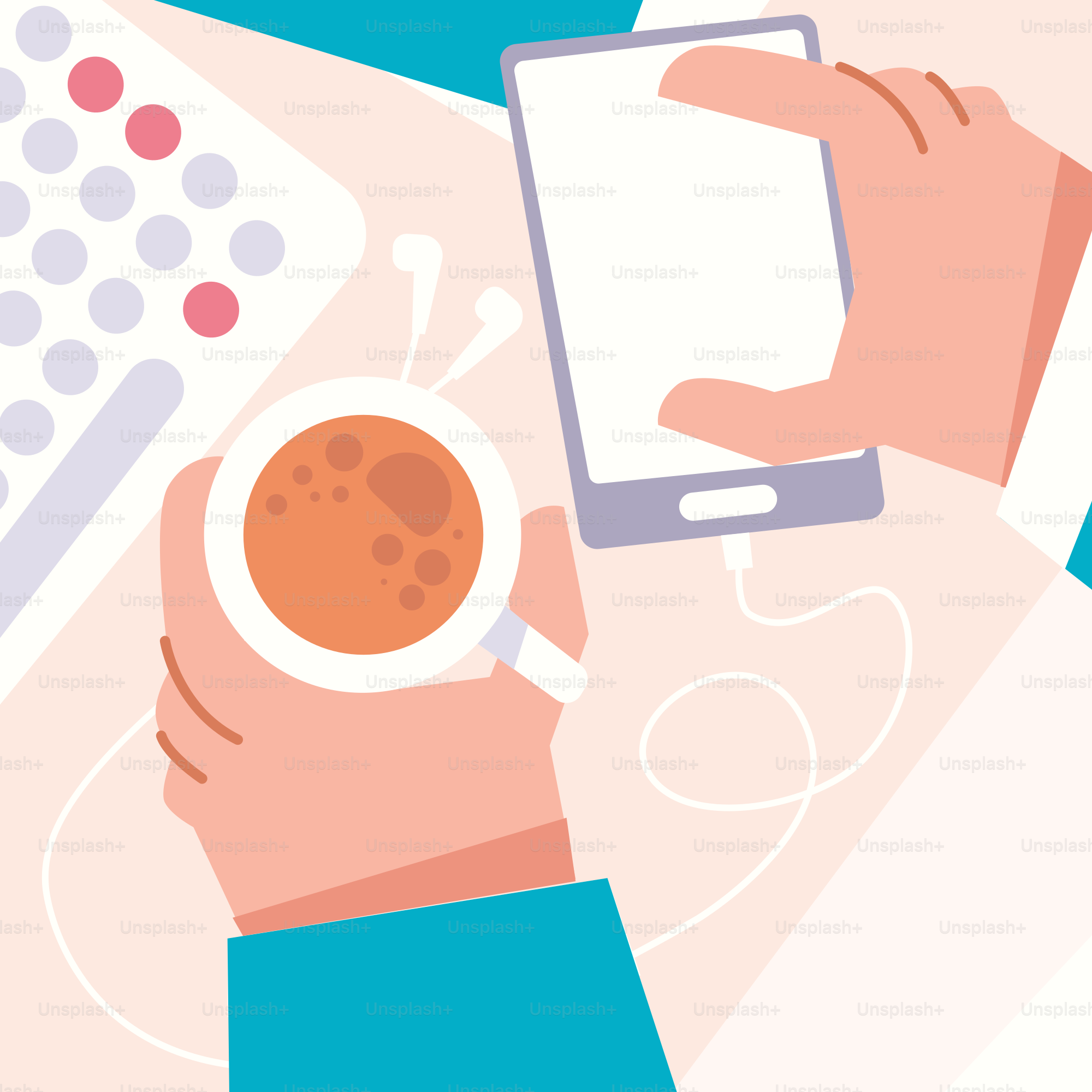 A person holding a smart phone and a cup of coffee