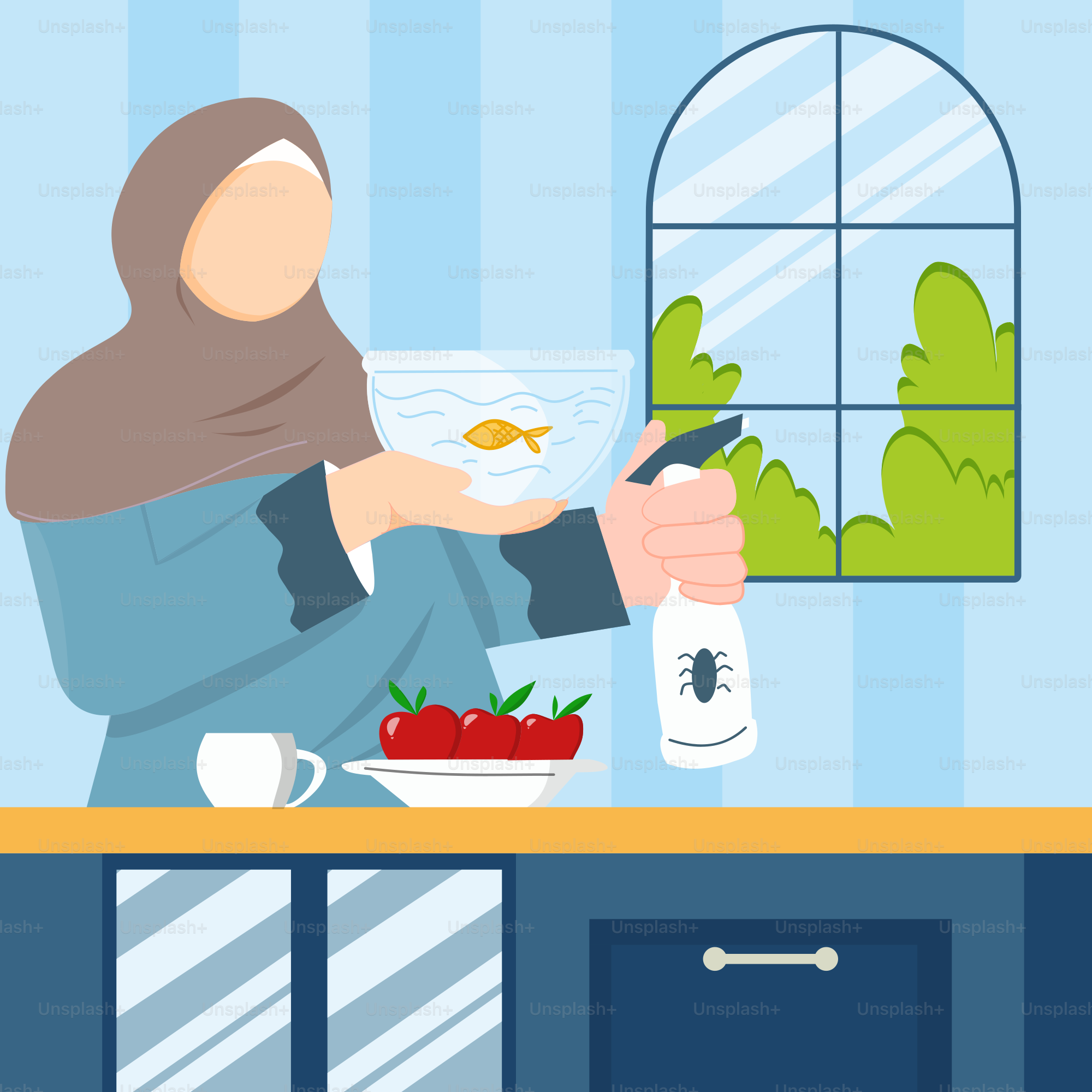 A woman in a hijab is washing dishes in the kitchen