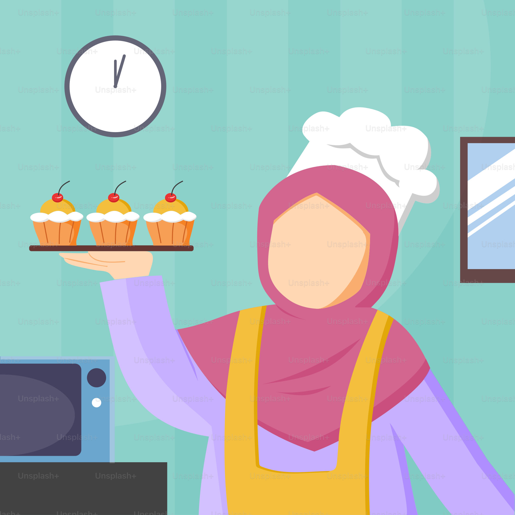 Eine Frau, die ein Tablett mit Cupcakes in der Küche hält