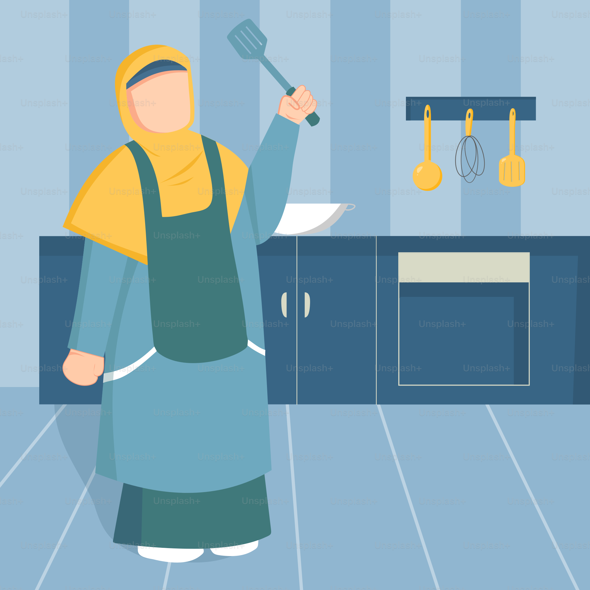 A woman in a kitchen holding a spatula