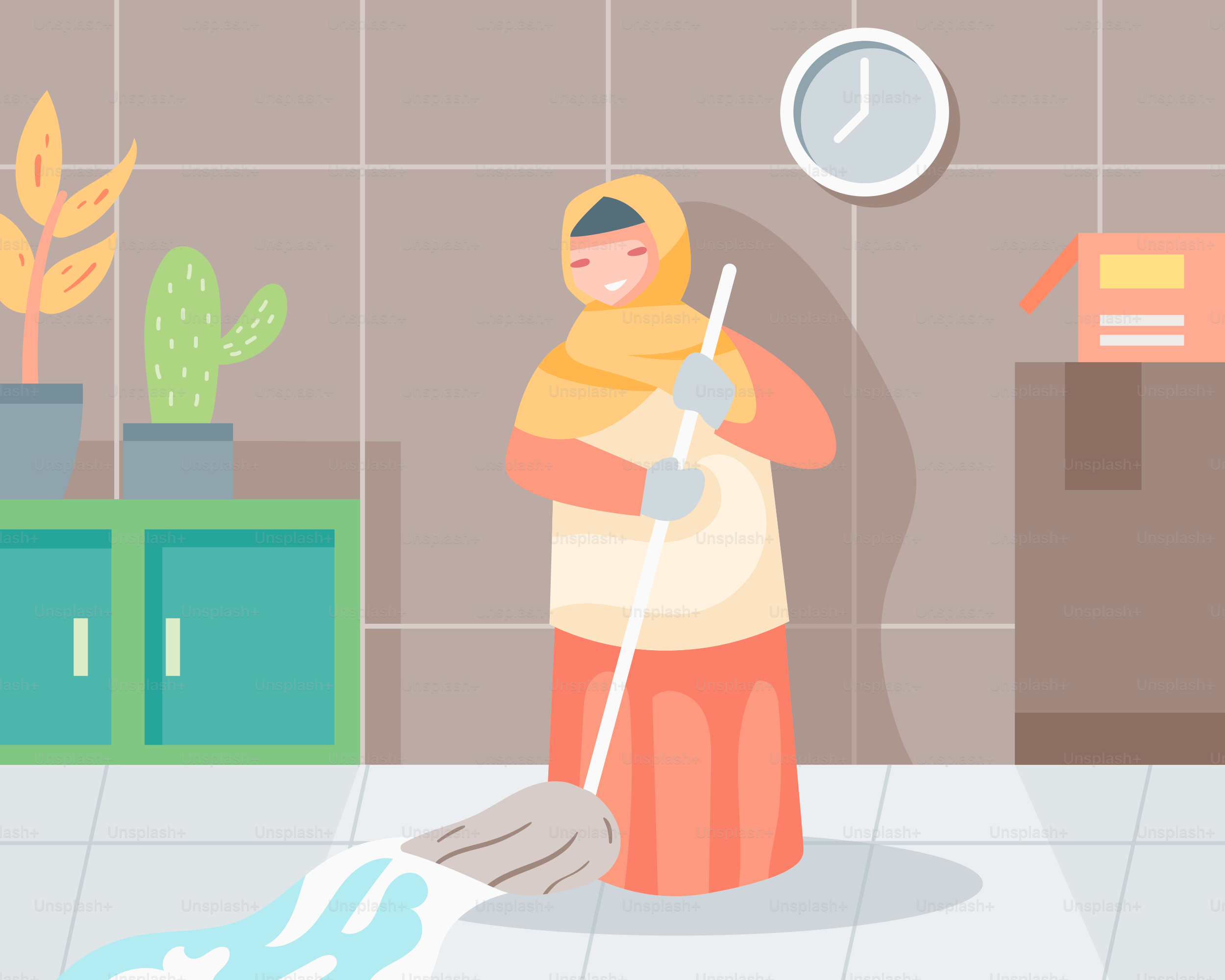 A woman is cleaning the floor with a mop