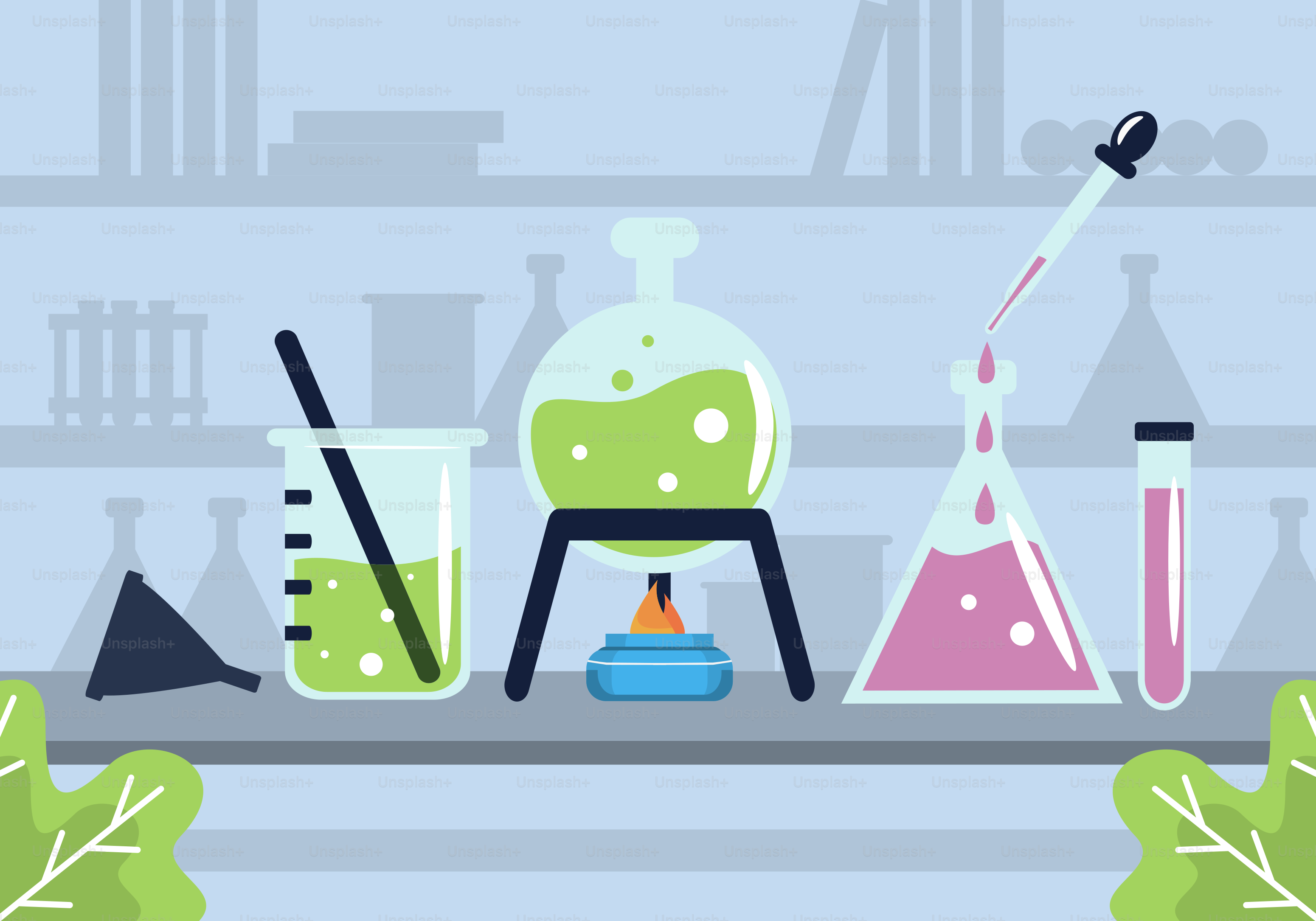 A science lab with test tubes, flasks and flasks