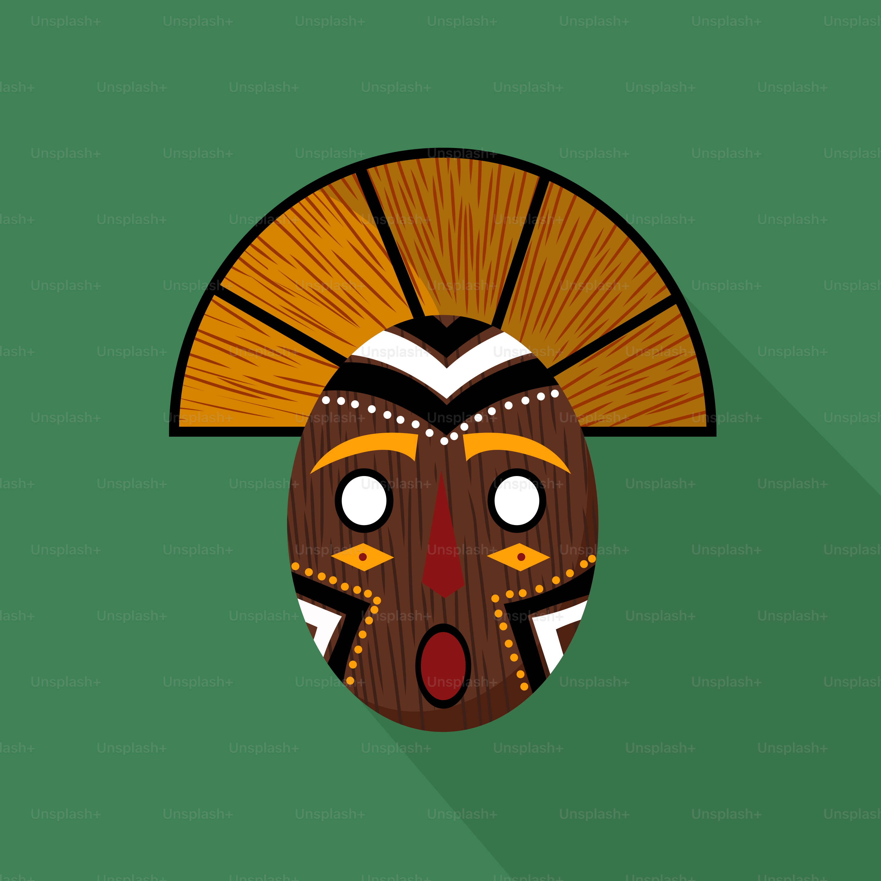 Una maschera africana con una lunga ombra su sfondo verde