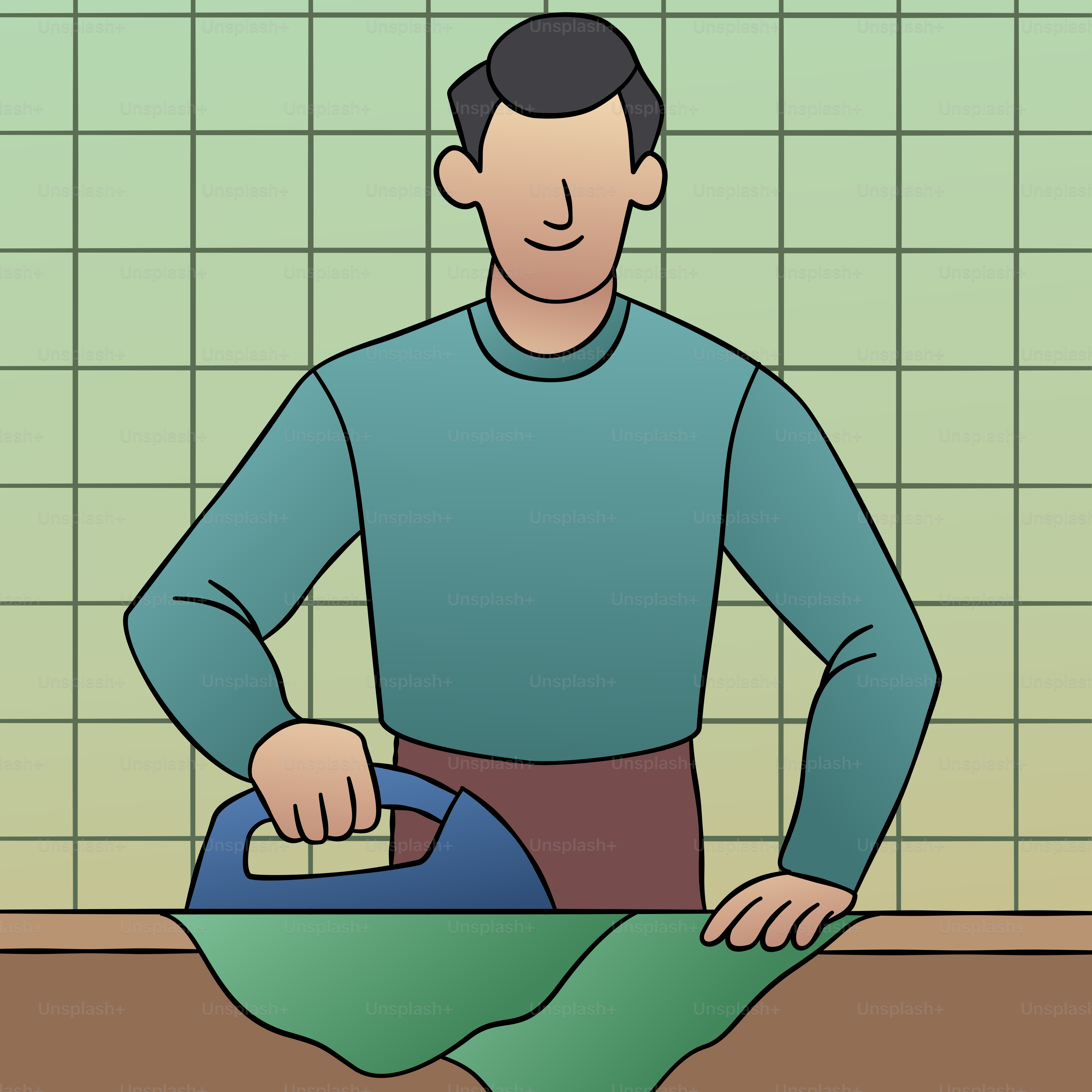 A man in a blue shirt is ironing clothes