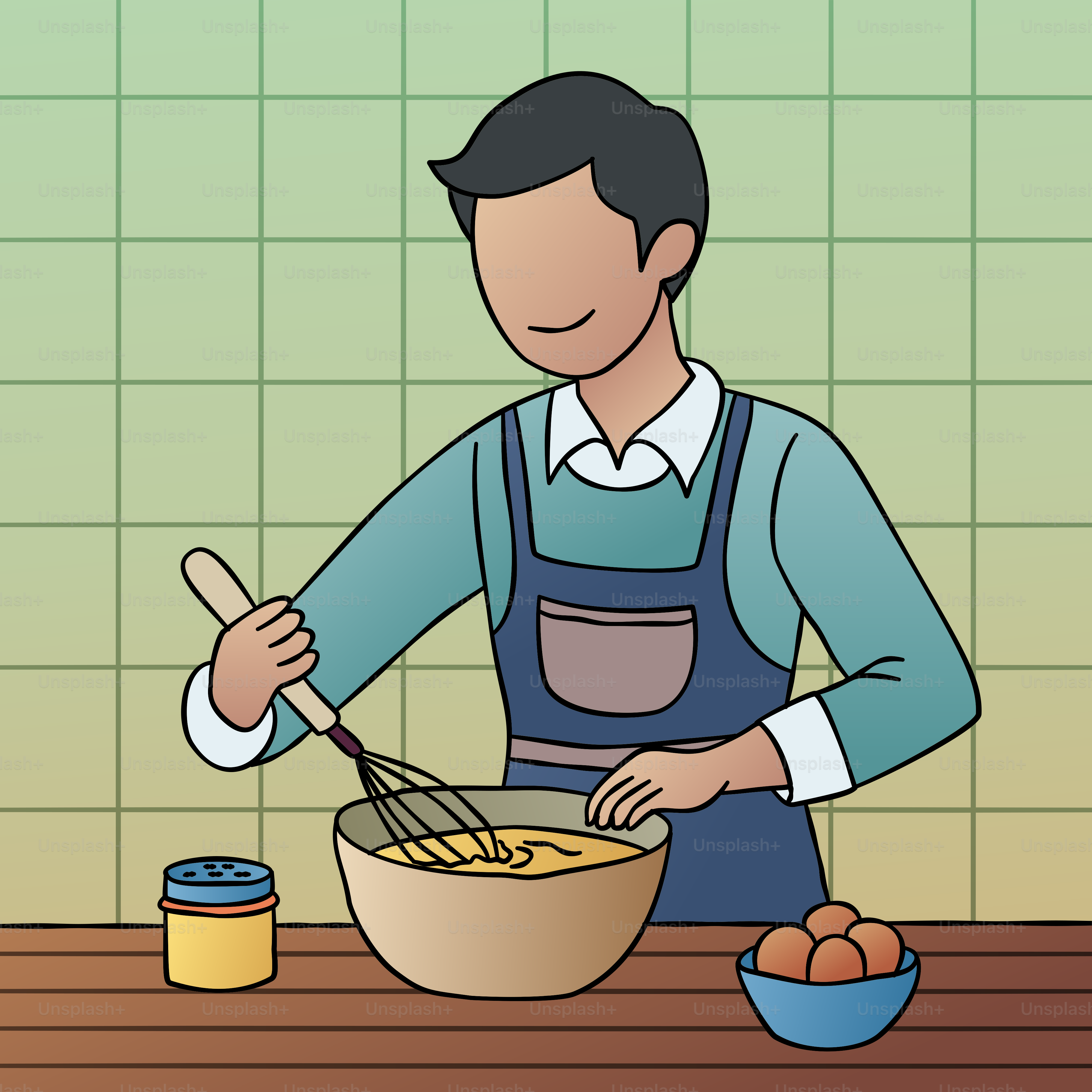 A man in an apron mixing food in a bowl