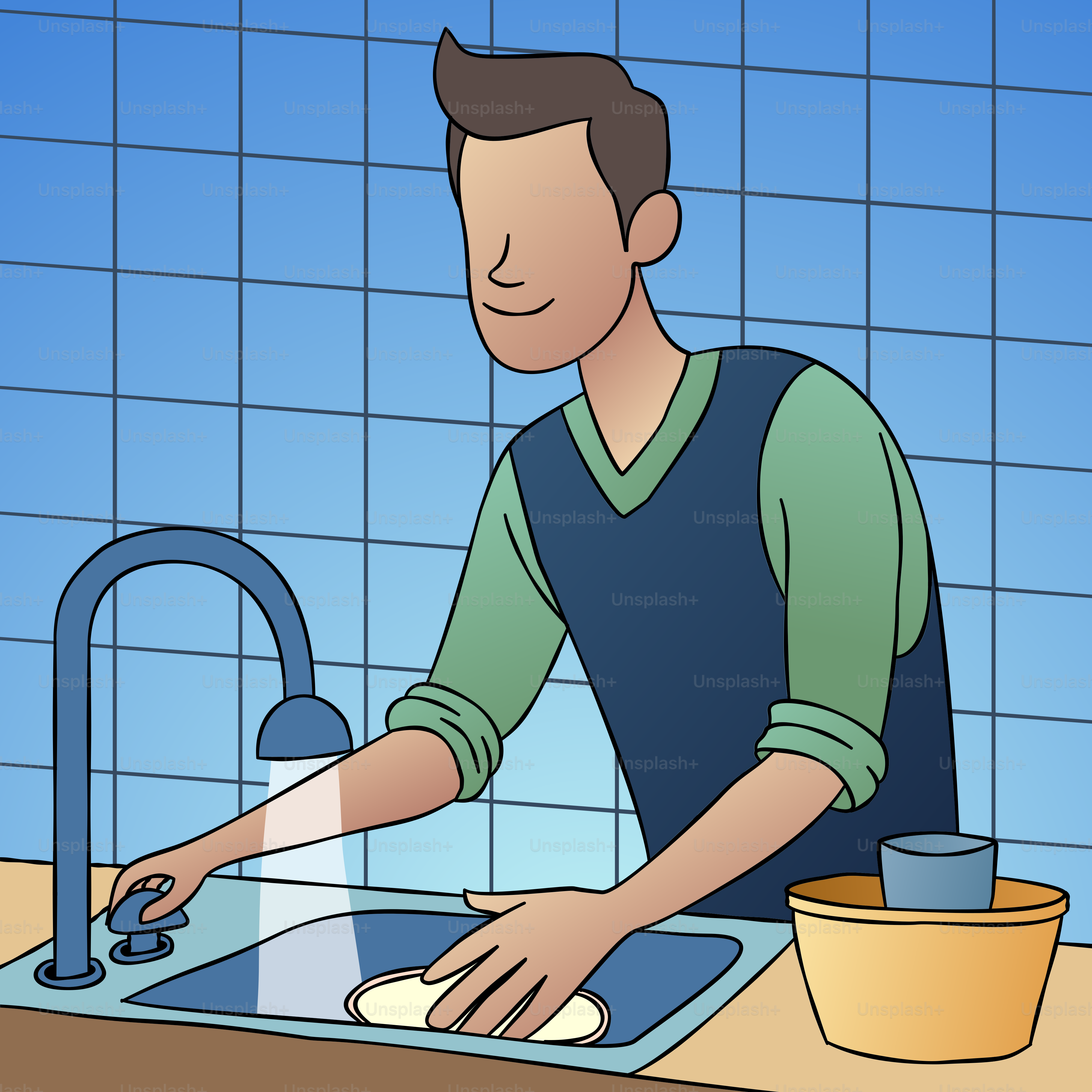 Un homme qui fait la vaisselle dans un évier de cuisine