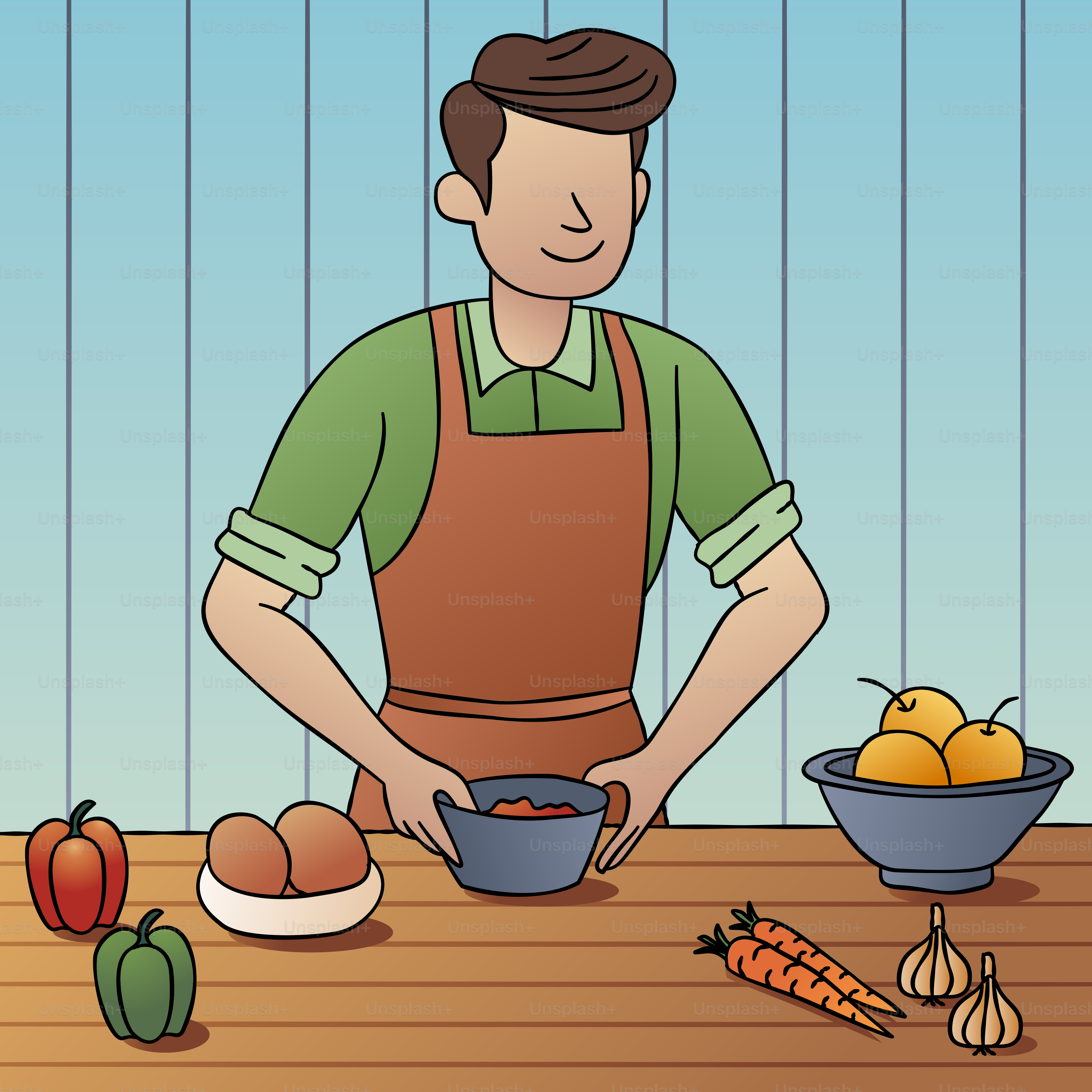 A man standing in front of a table filled with fruits and vegetables