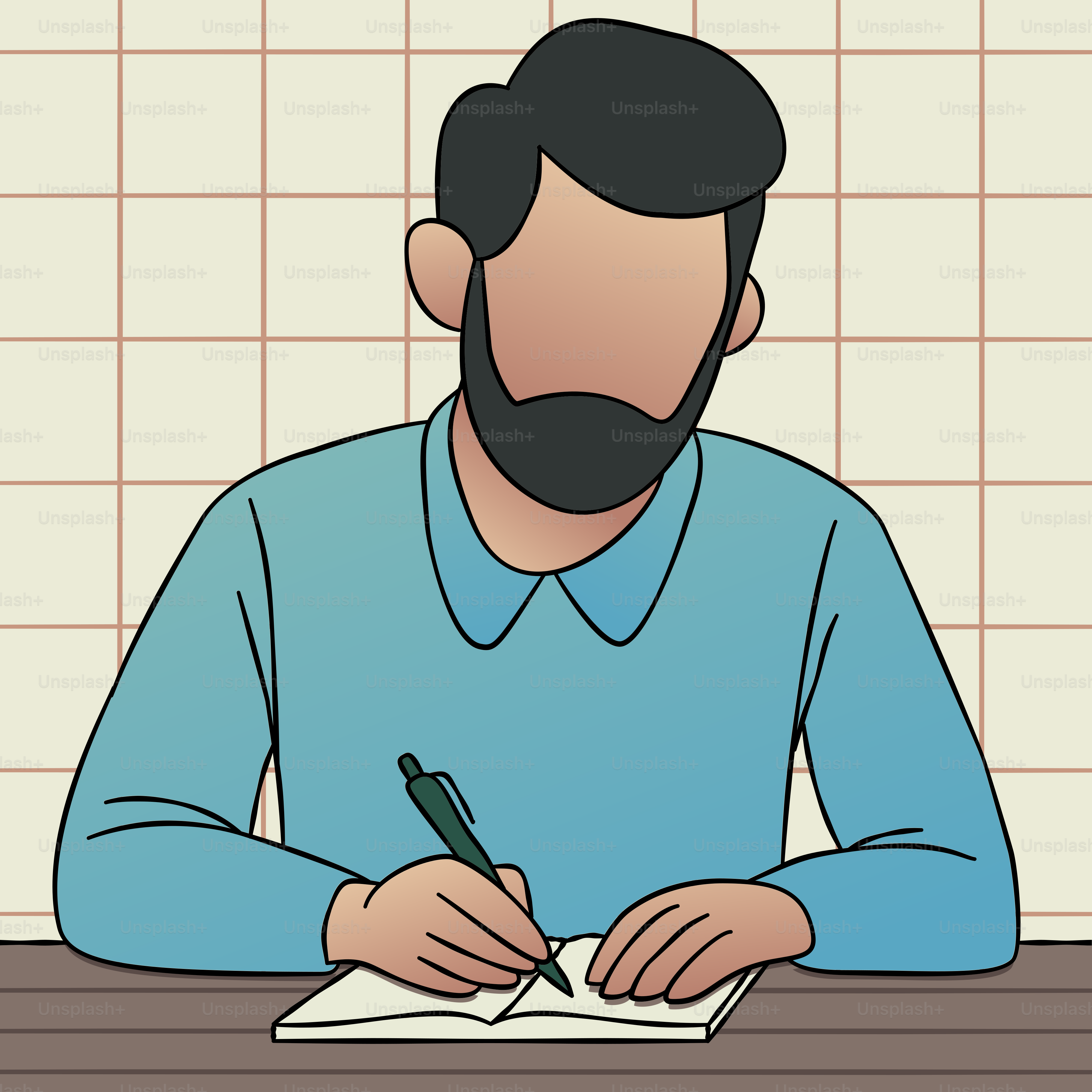 Un uomo seduto a un tavolo che scrive su un foglio di carta