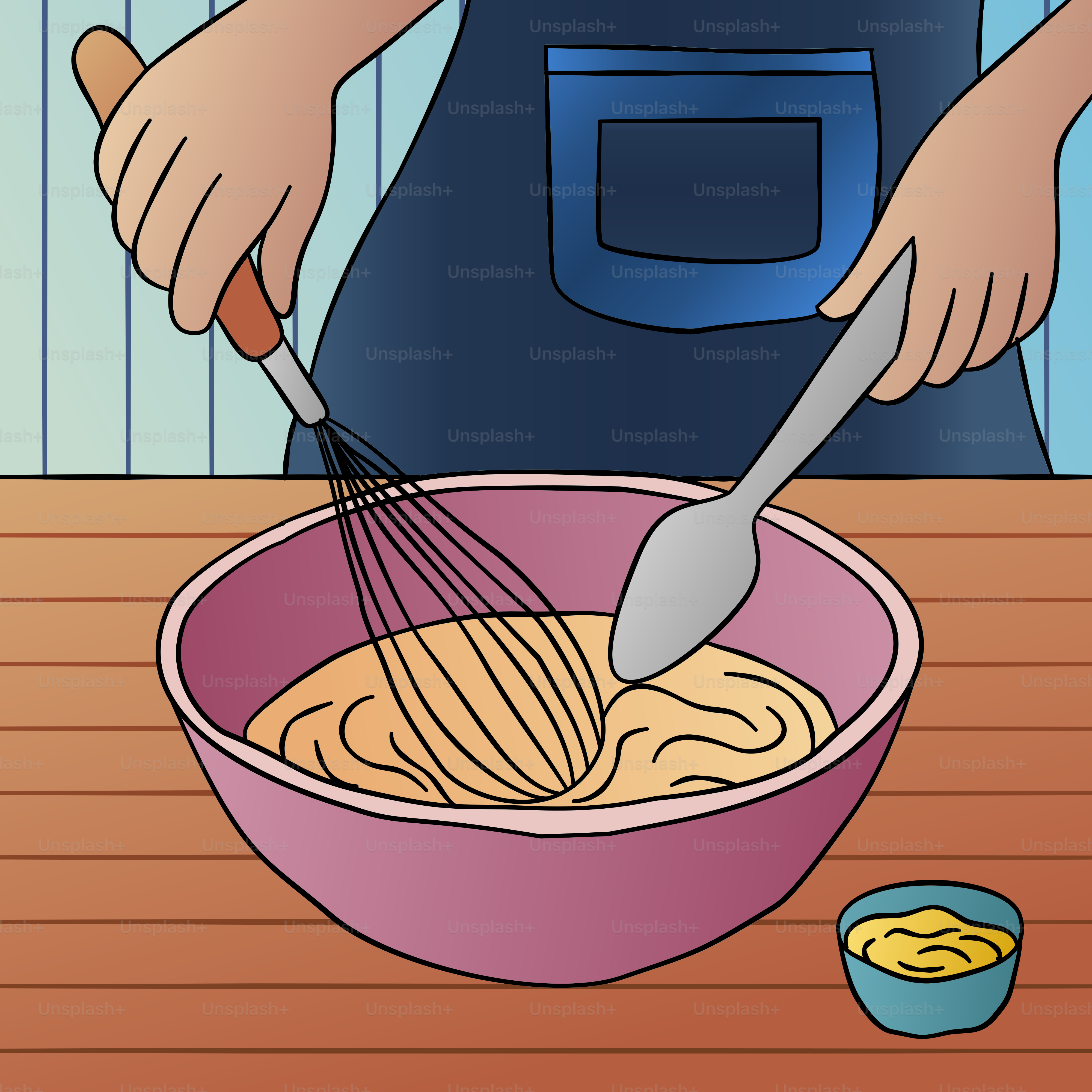 A person whisking a bowl of food with a whisk