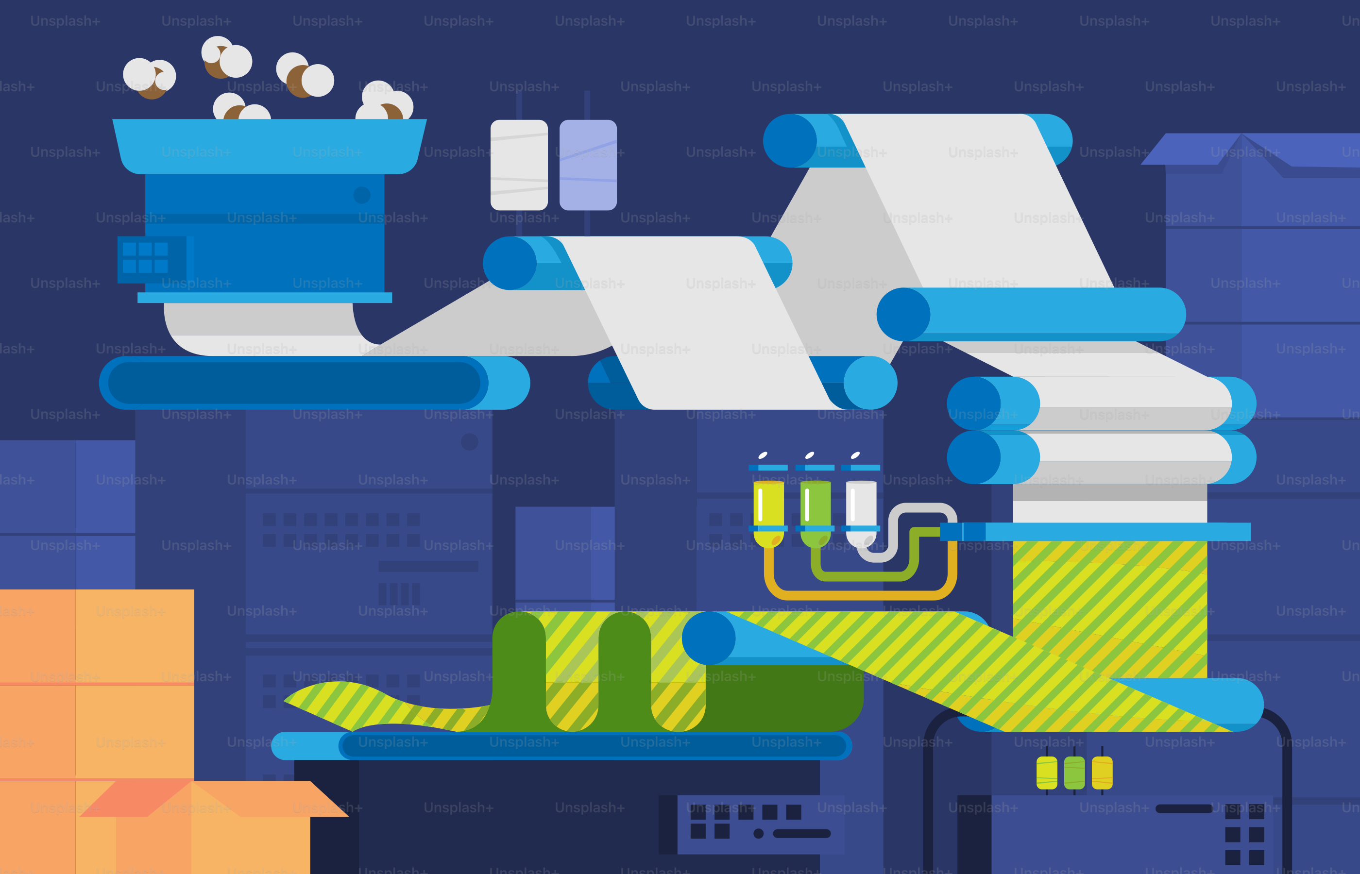 A blue and green illustration of a factory