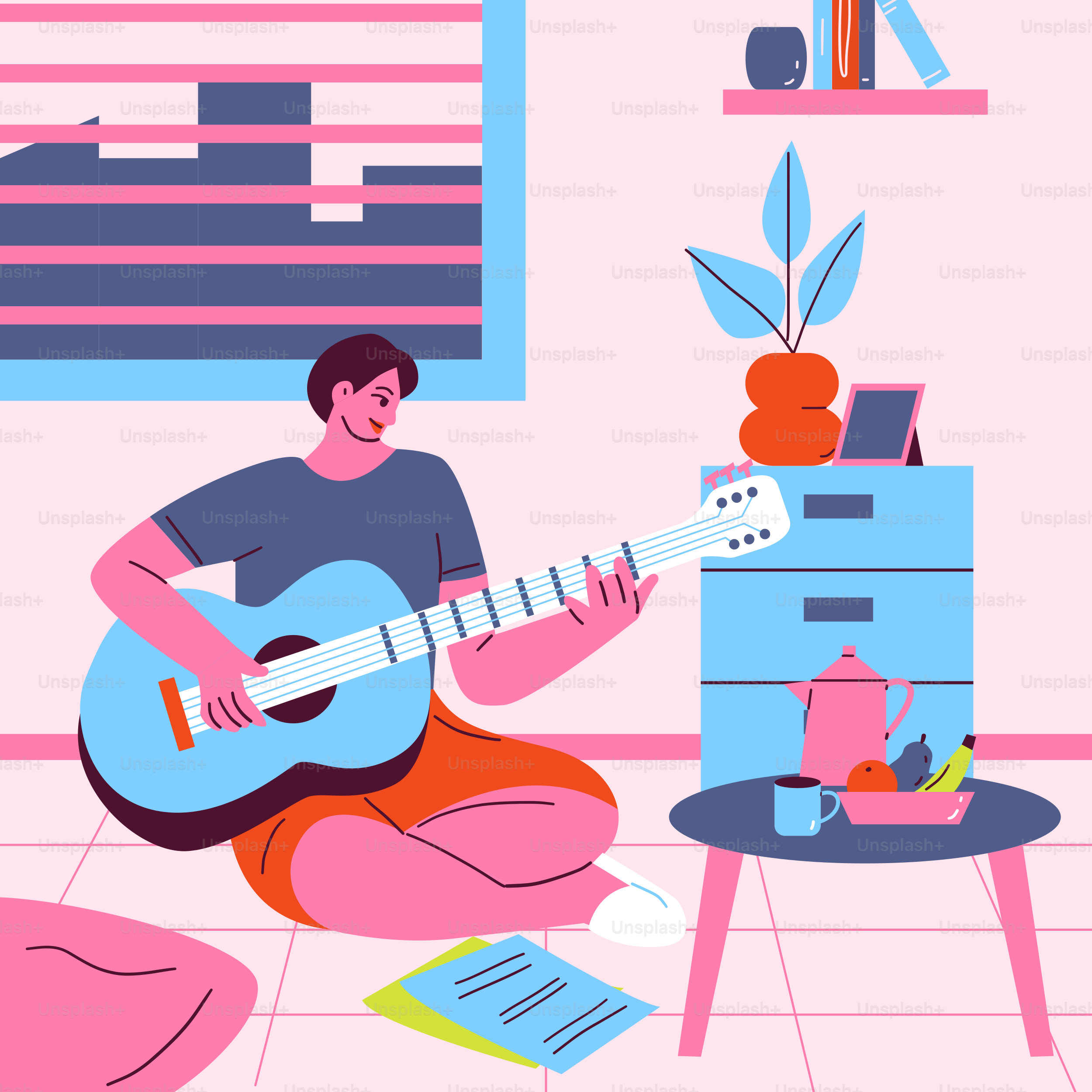 Un hombre sentado en el suelo tocando la guitarra