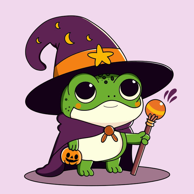 Un personaje de dibujos animados con un sombrero de bruja sosteniendo un caramelo