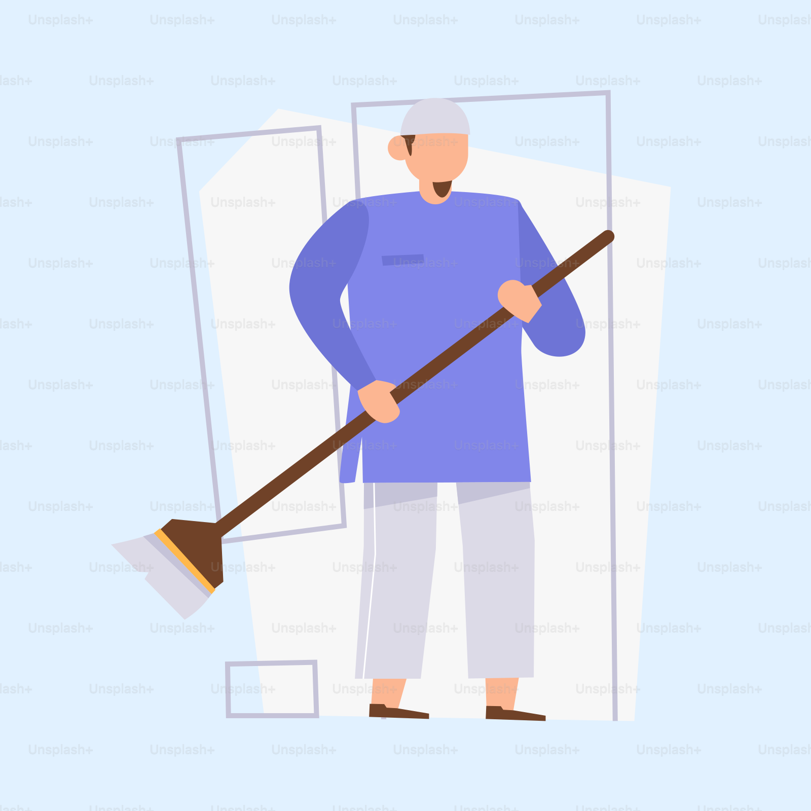 A man with a broom is standing in front of a mirror