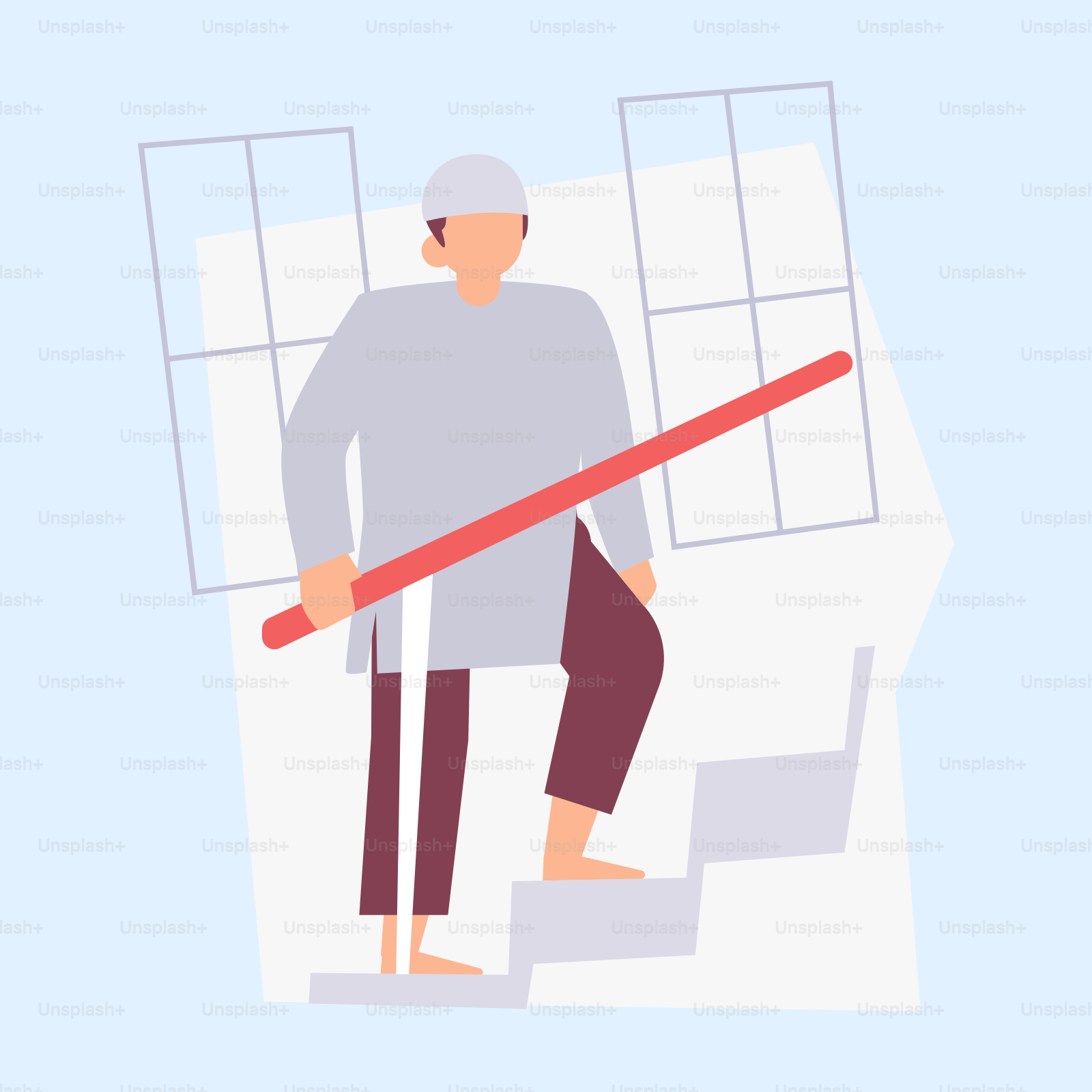 A man is standing on the stairs with a pencil