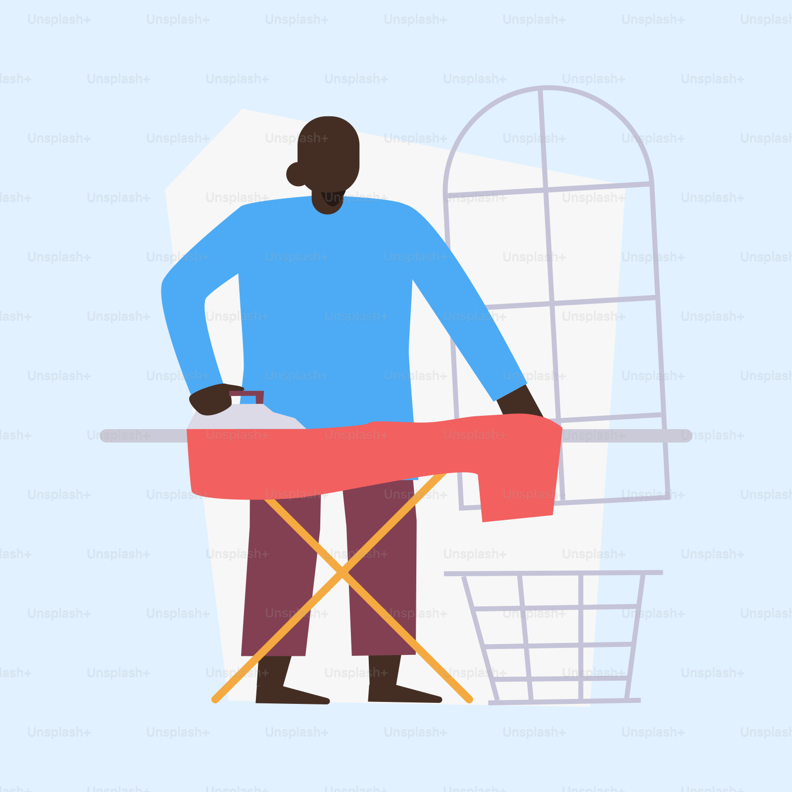 A man ironing clothes on an ironing board