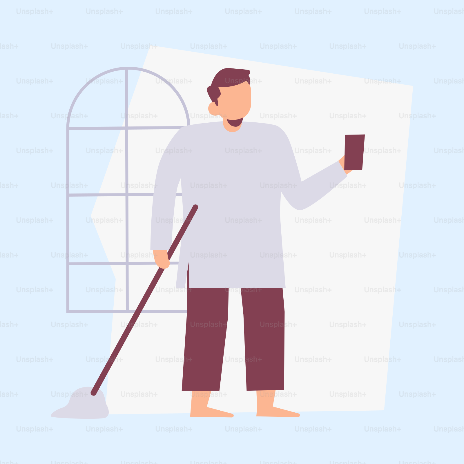 A man standing next to a window holding a mop