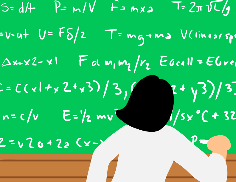 Uma pessoa em pé na frente de um quadro-negro com escrita nele