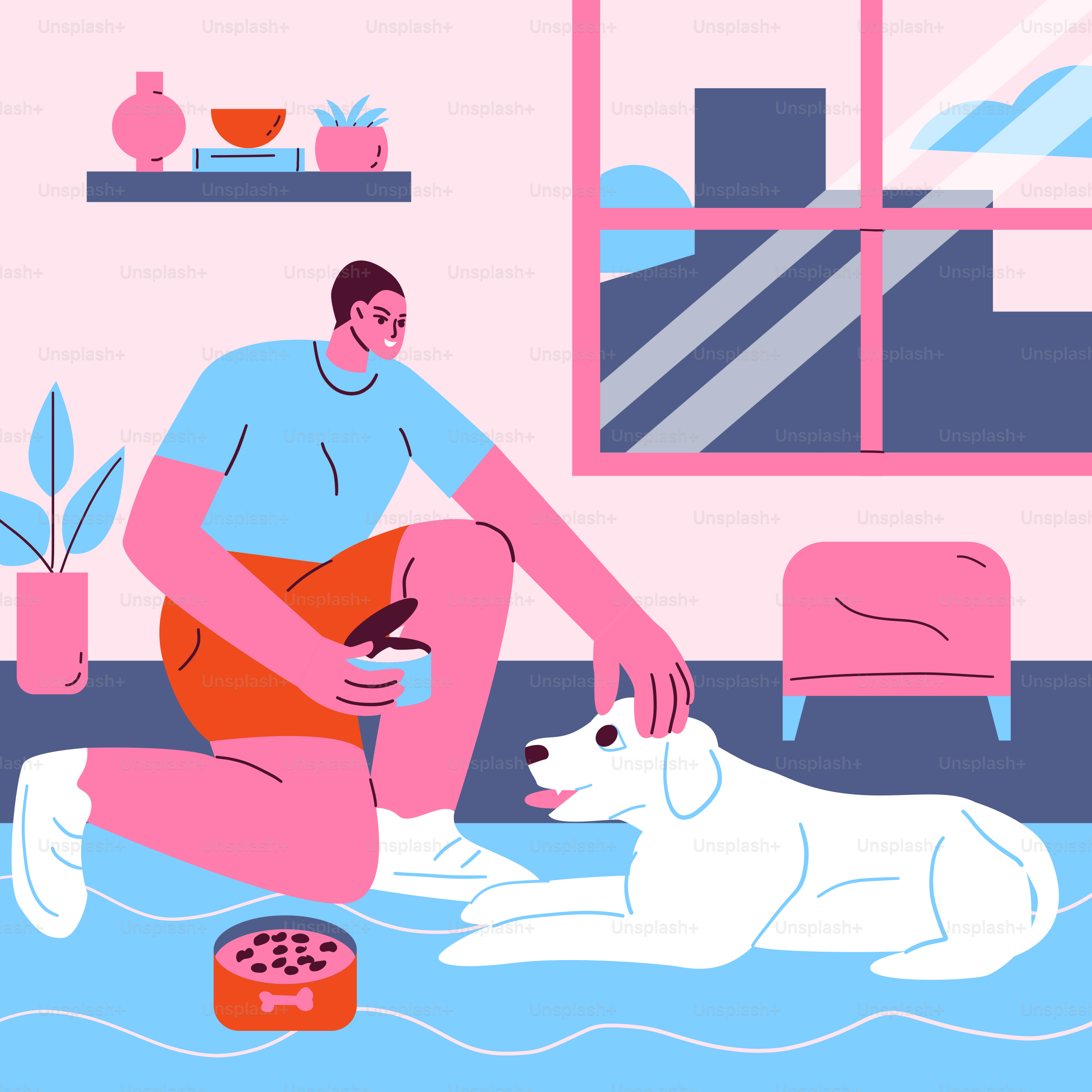 A man sitting on the floor petting a dog