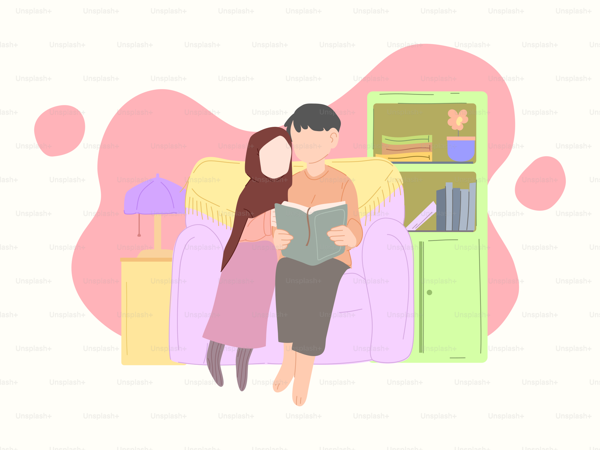 Seorang pria dan wanita duduk di sofa membaca buku