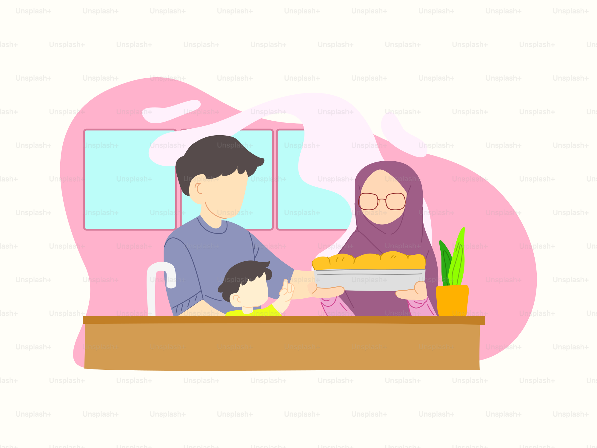 A man and a woman serving food to a child