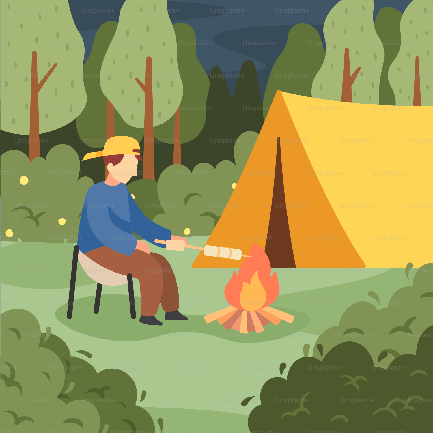 Ein Mann, der auf einem Stuhl in der Nähe eines Lagerfeuers sitzt