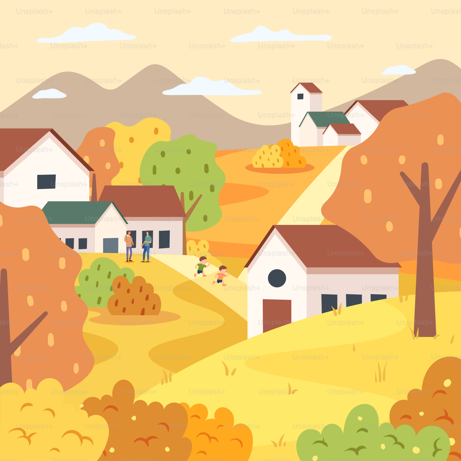 Uma paisagem com casas e árvores no outono