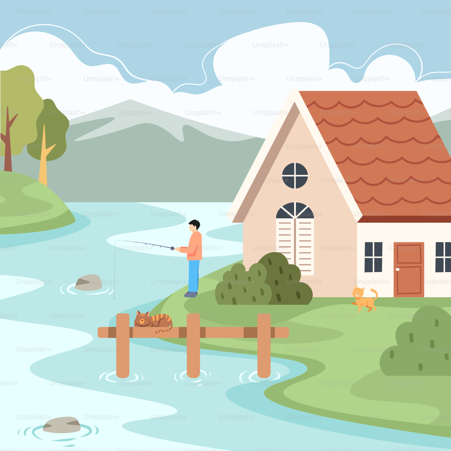 Un homme qui pêche dans une rivière à côté d’une maison