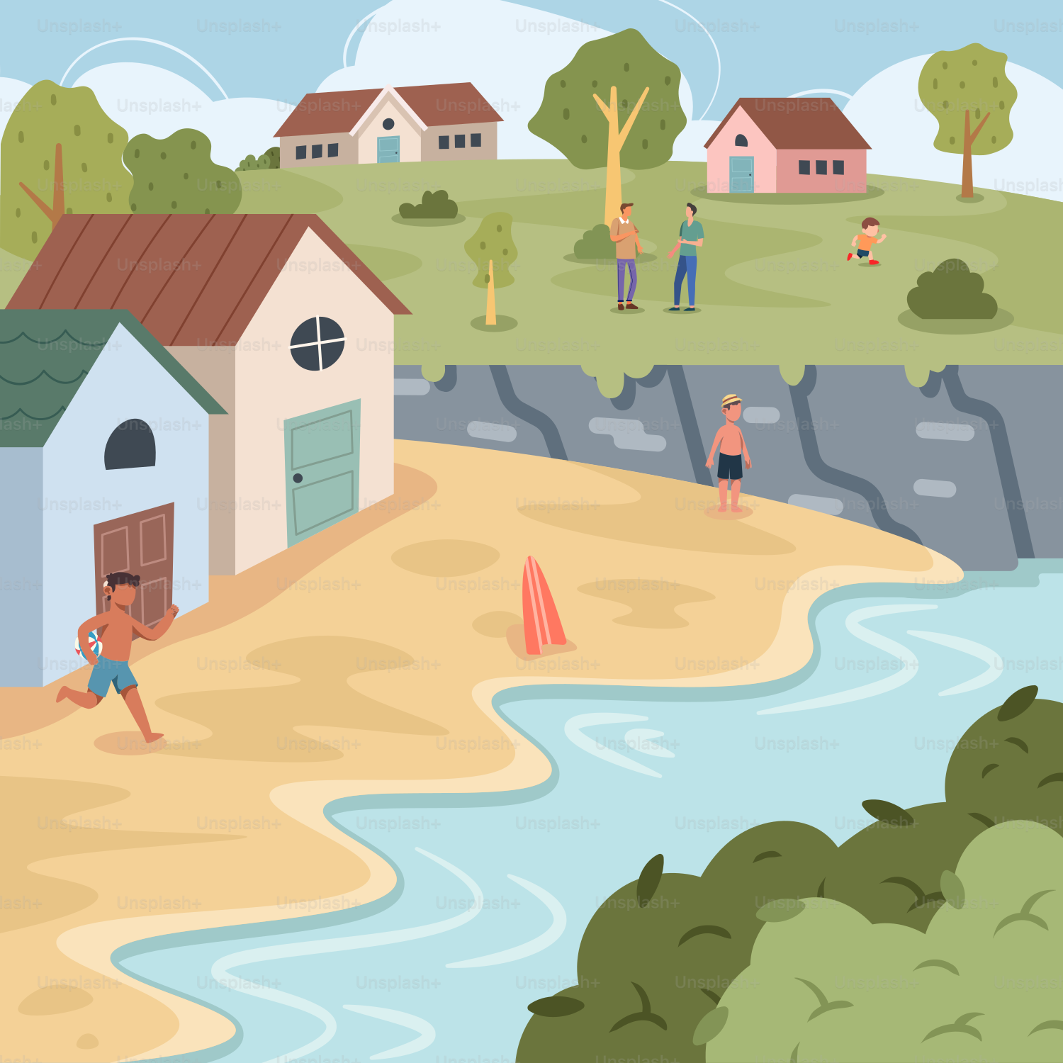 A group of people playing in a river next to a house vector – Beach Image  on Unsplash, image size:3000x3000
