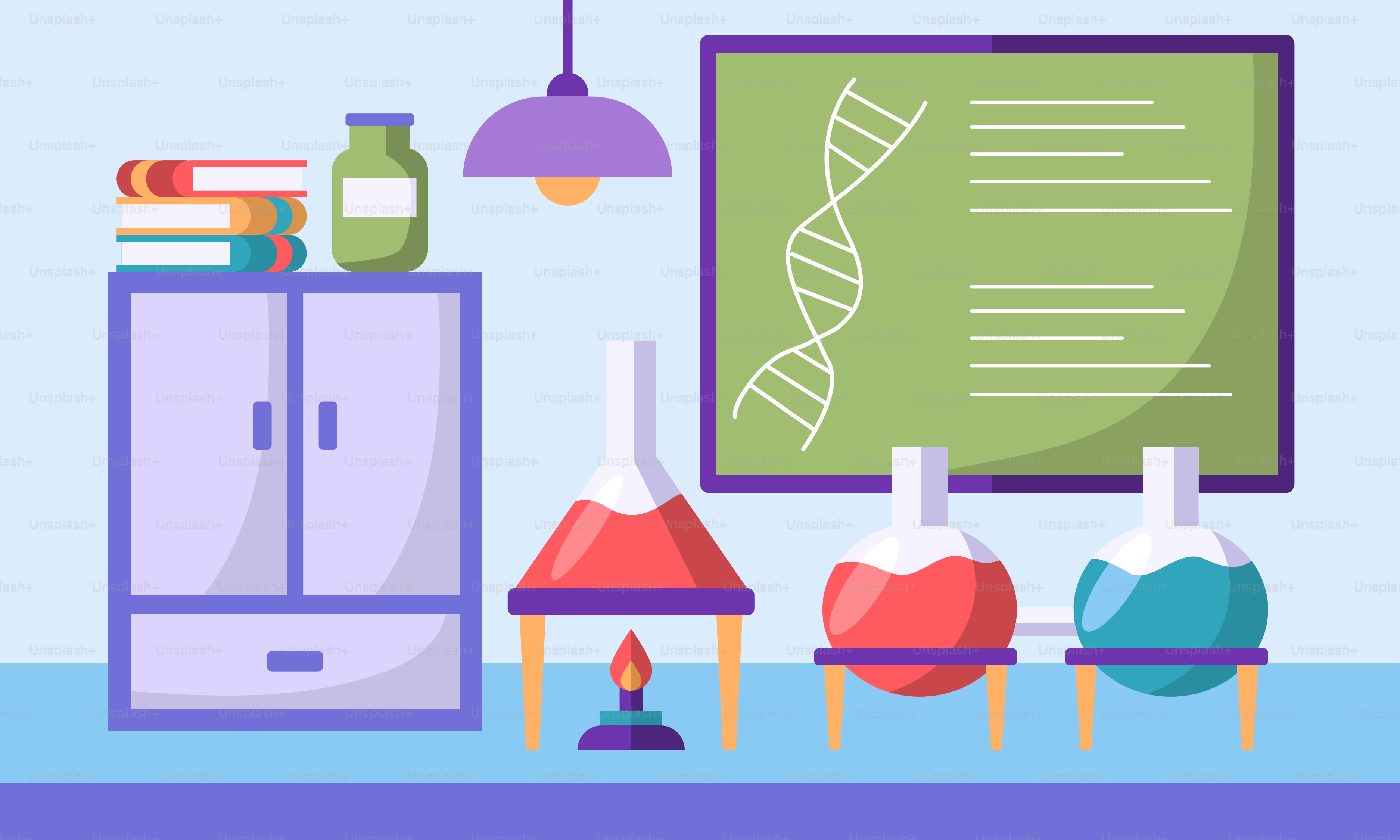 A room with science equipment and a green board