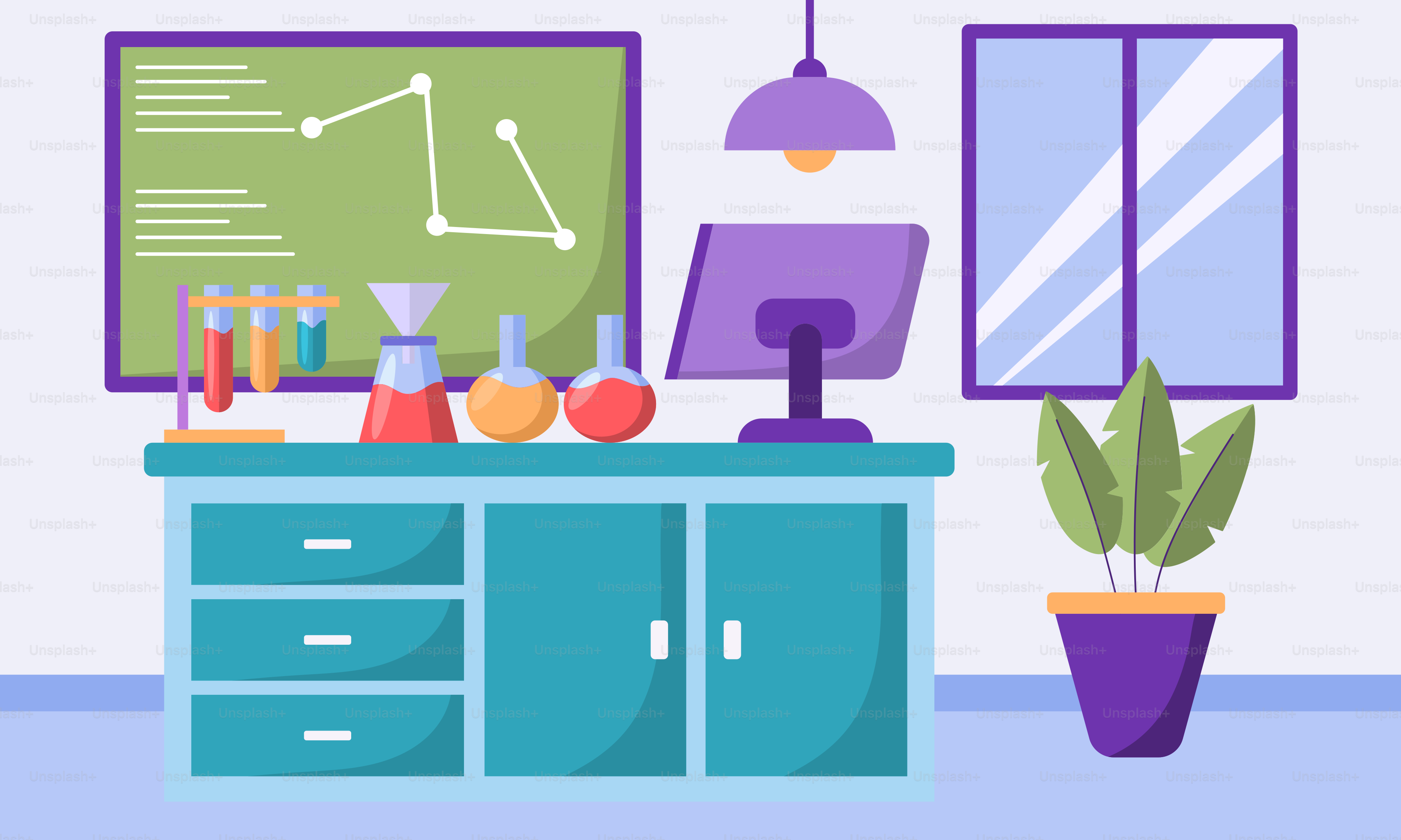 Ein Schreibtisch mit Computer und Topfpflanze