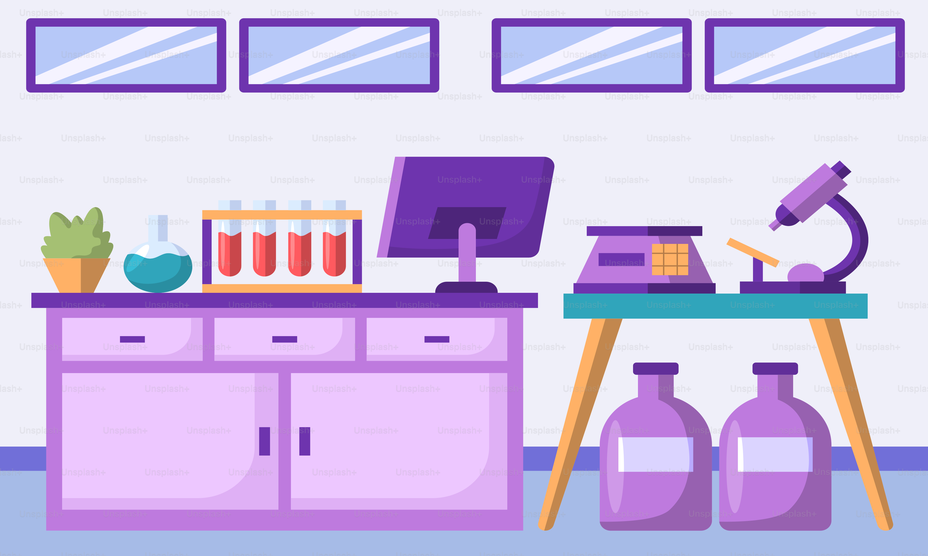 Ein Schreibtisch mit einem Mikroskop und einem Computer darauf