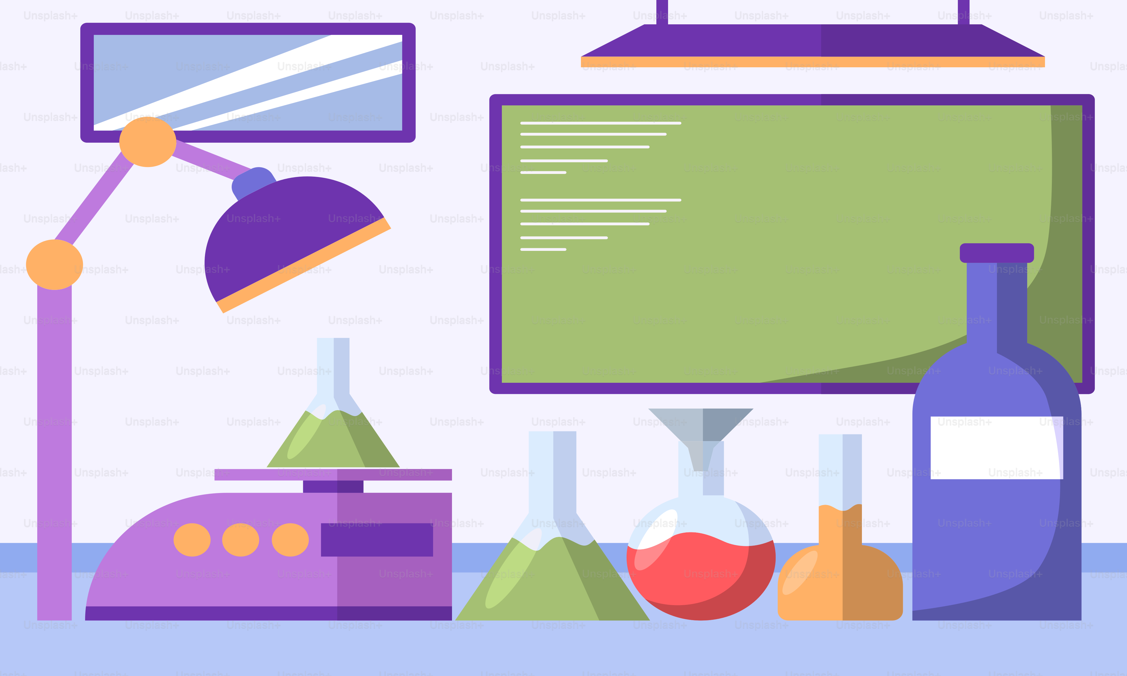 Un escritorio con un monitor de ordenador y una lámpara encima