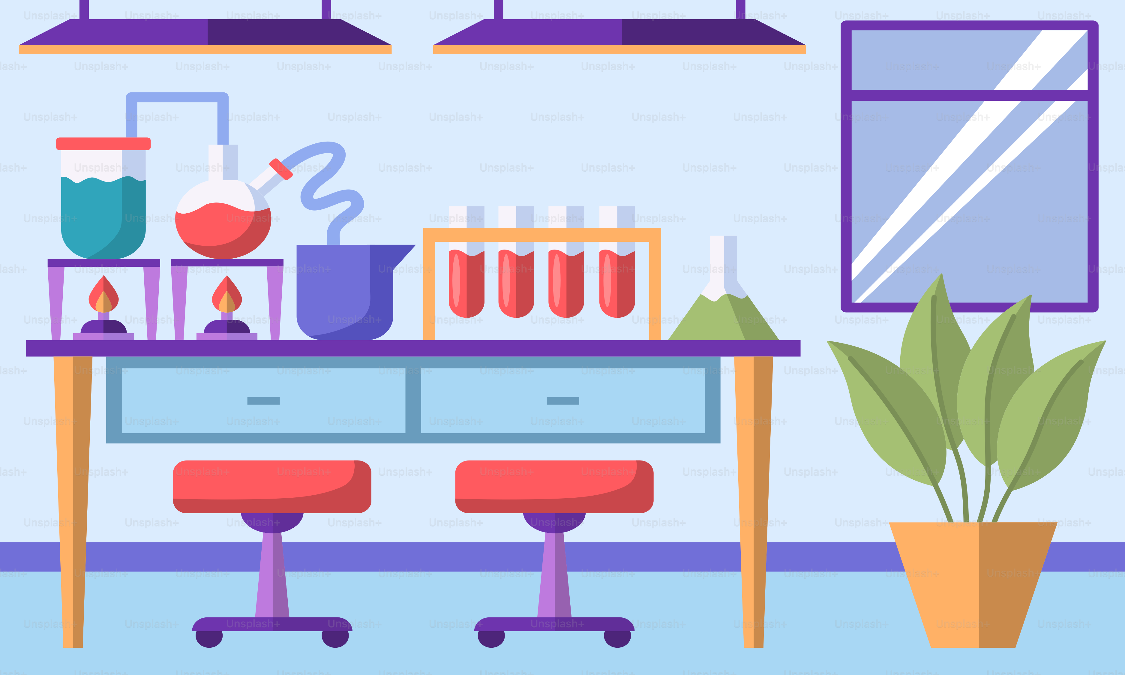 A room with a desk, chairs and a potted plant