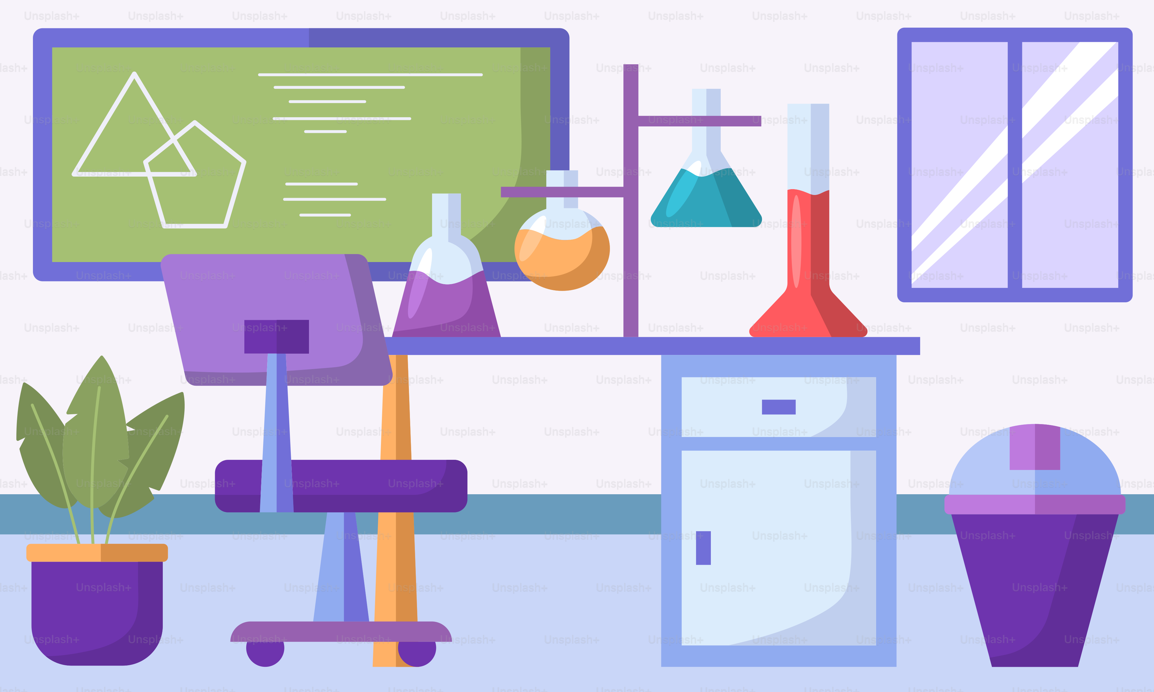 Ein Zimmer mit Schreibtisch, Stuhl, Topfpflanze und einer Tafel