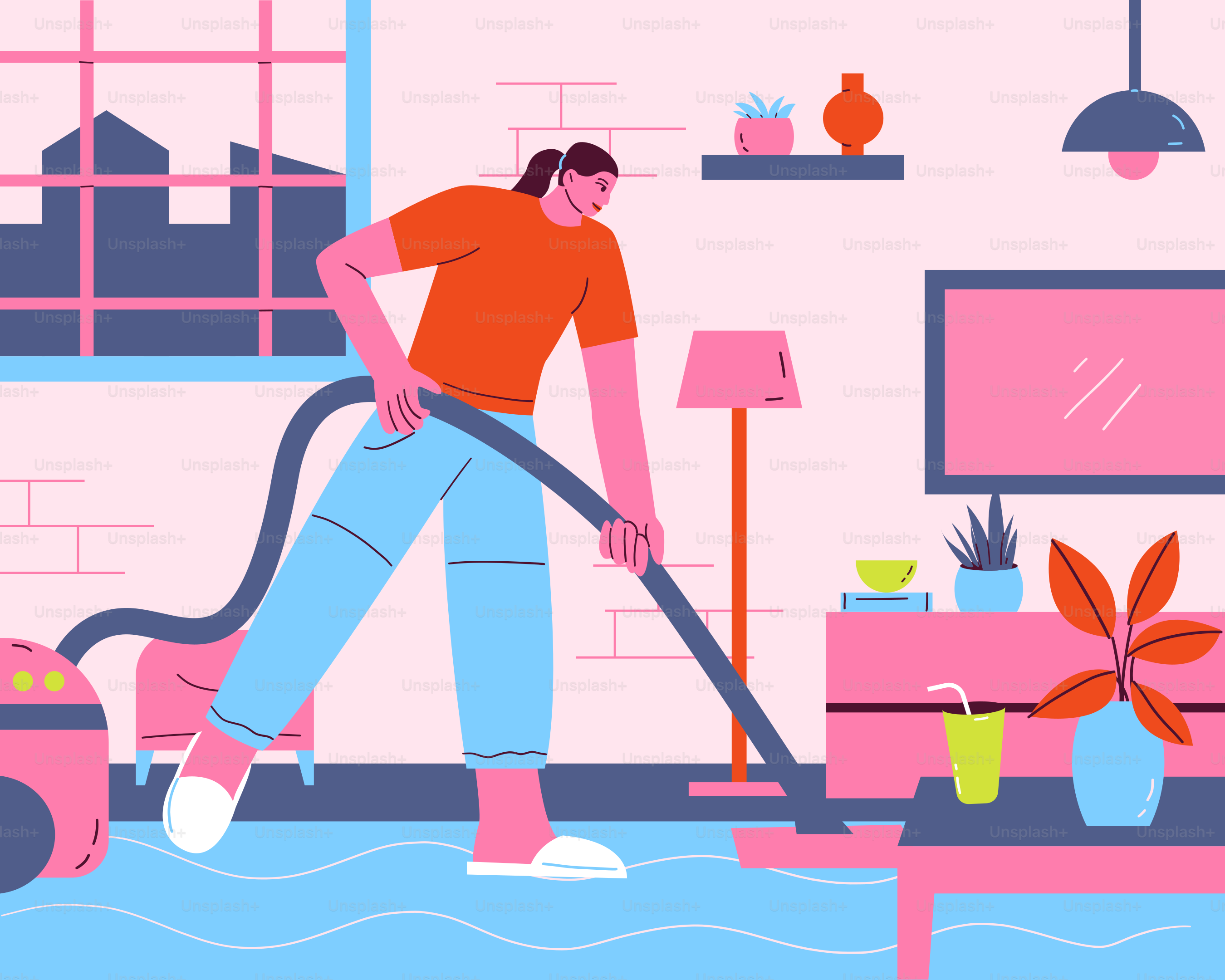 A woman is cleaning a living room with a vacuum