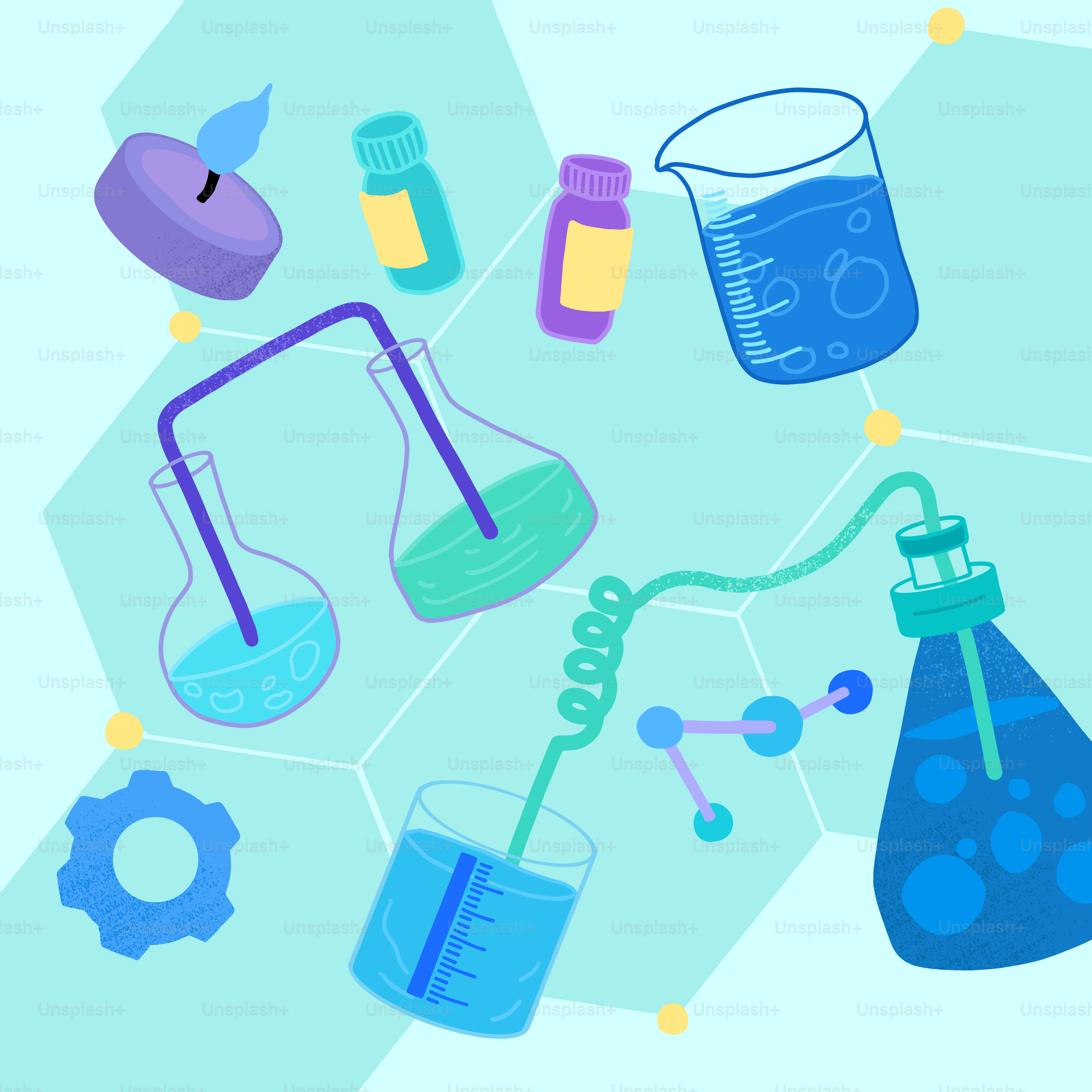 A science experiment with a beakle, beakle, flasks, and