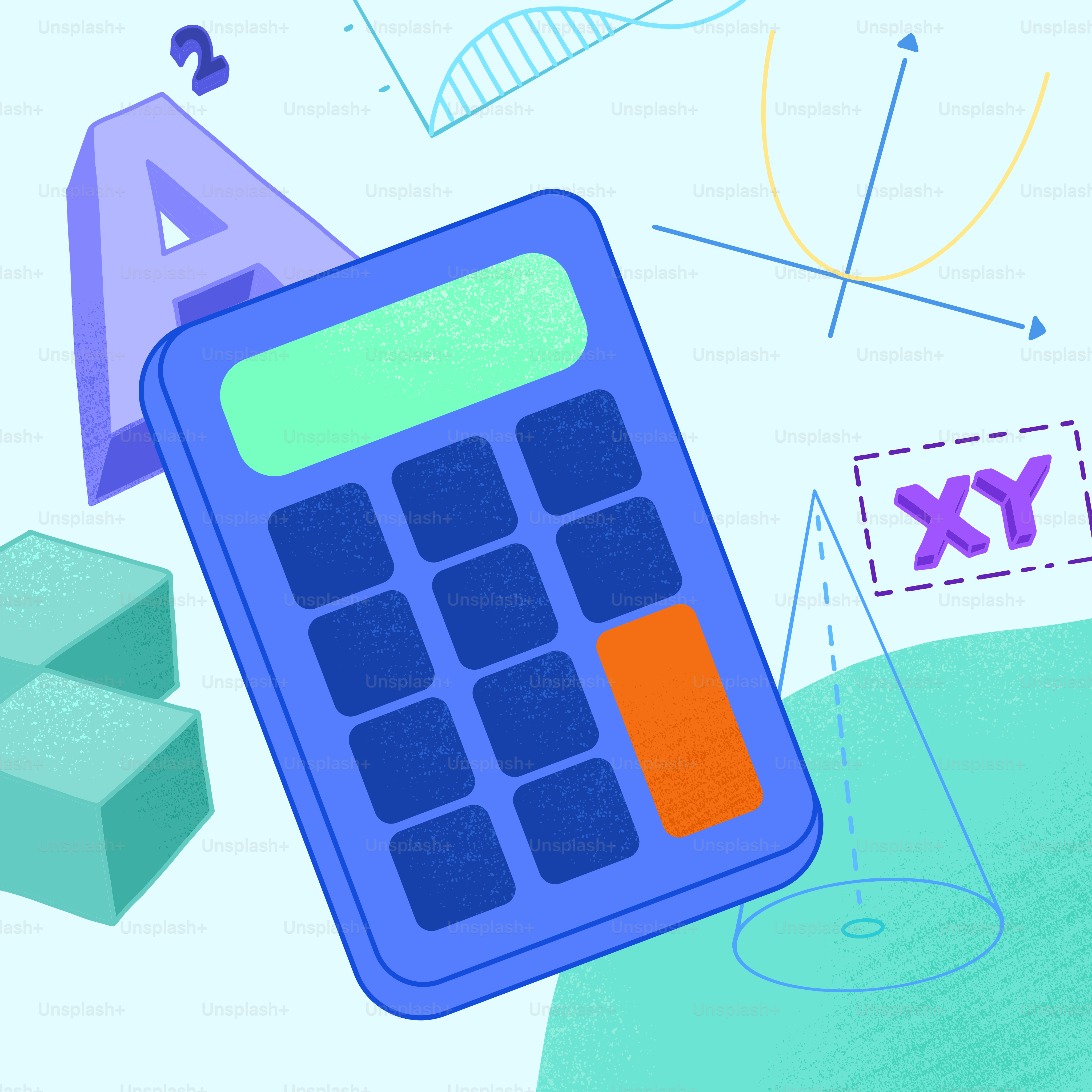 A calculator and a block of paper with the word y on it