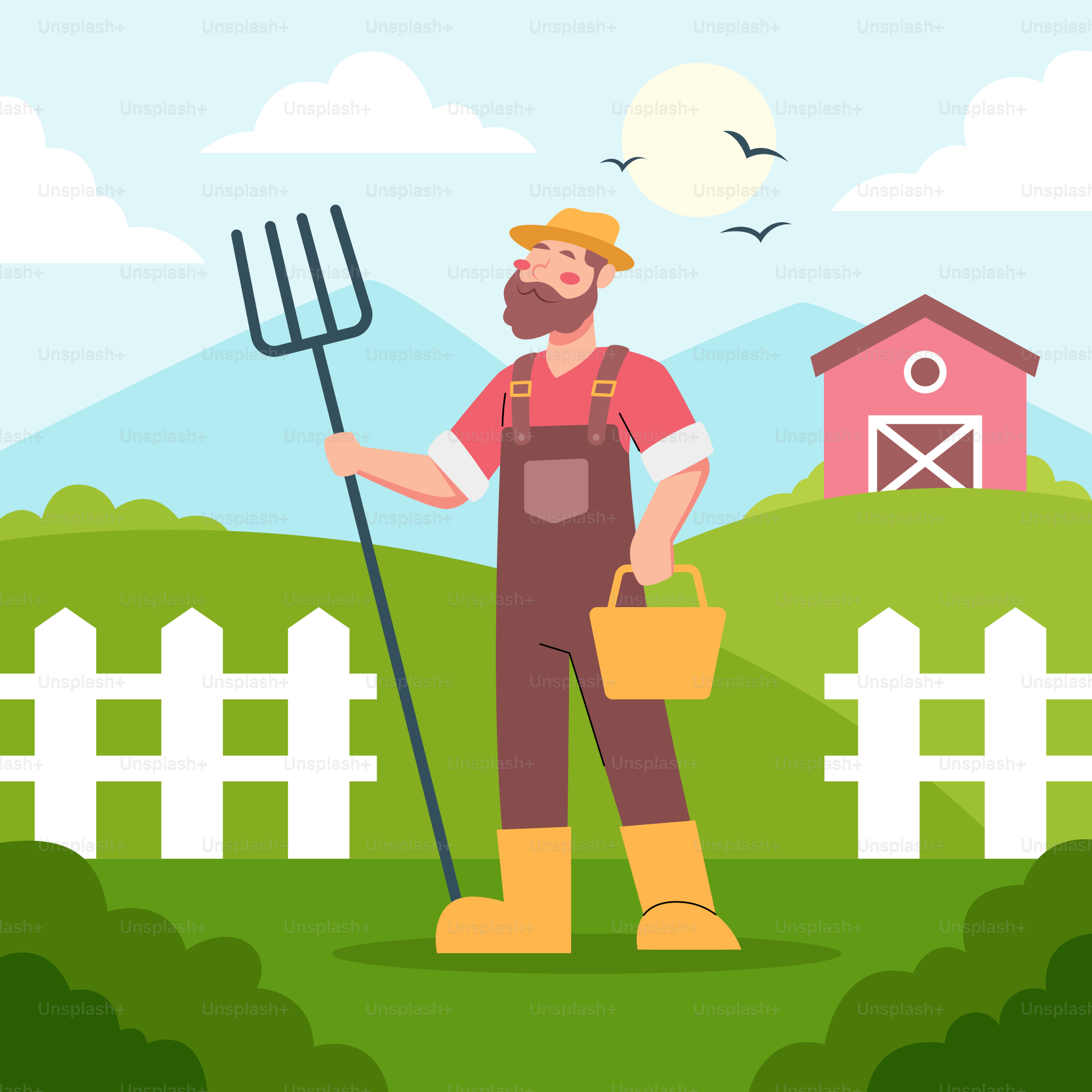 A man standing in a field holding a pitchfork