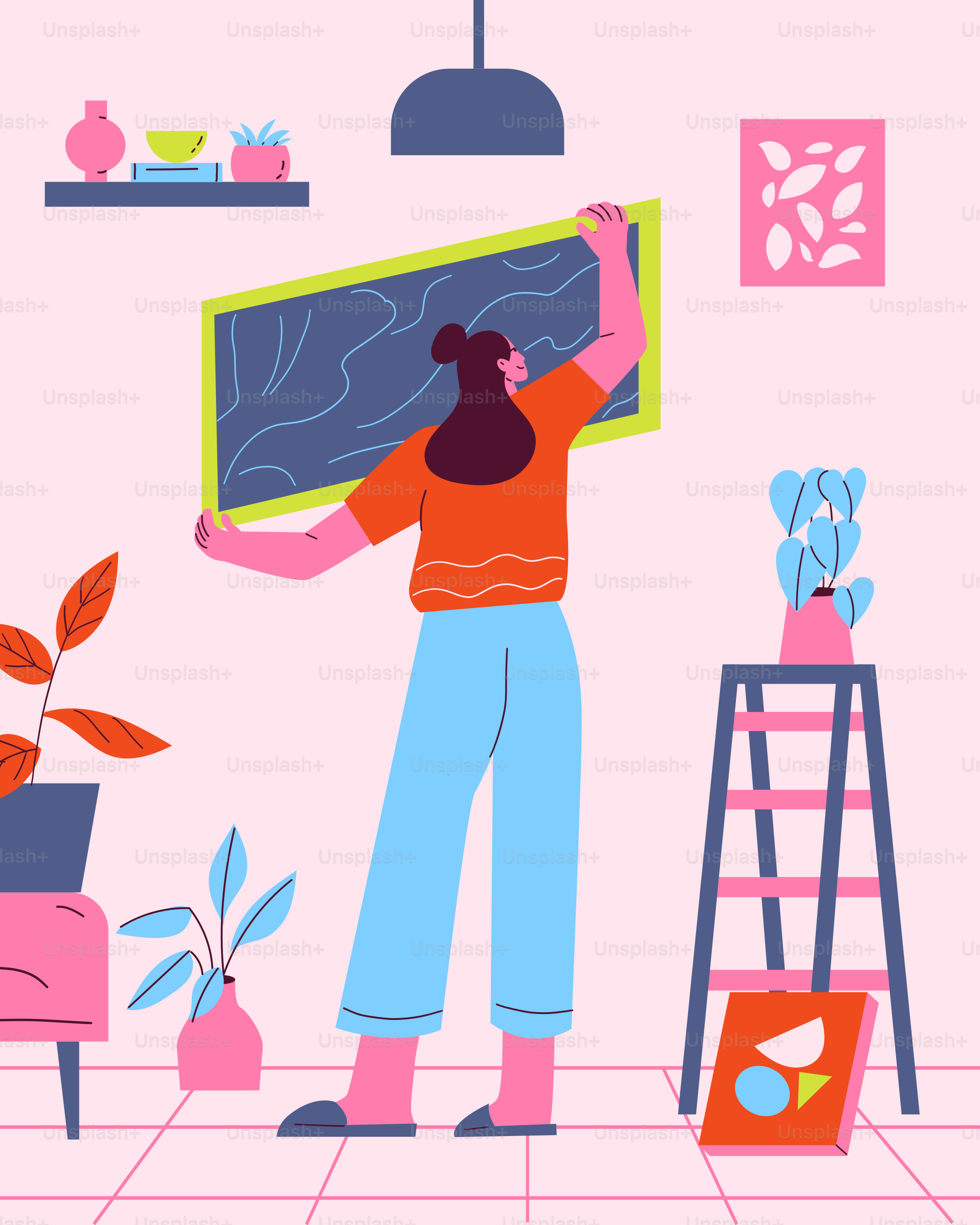 A woman is writing on a chalkboard in her living room