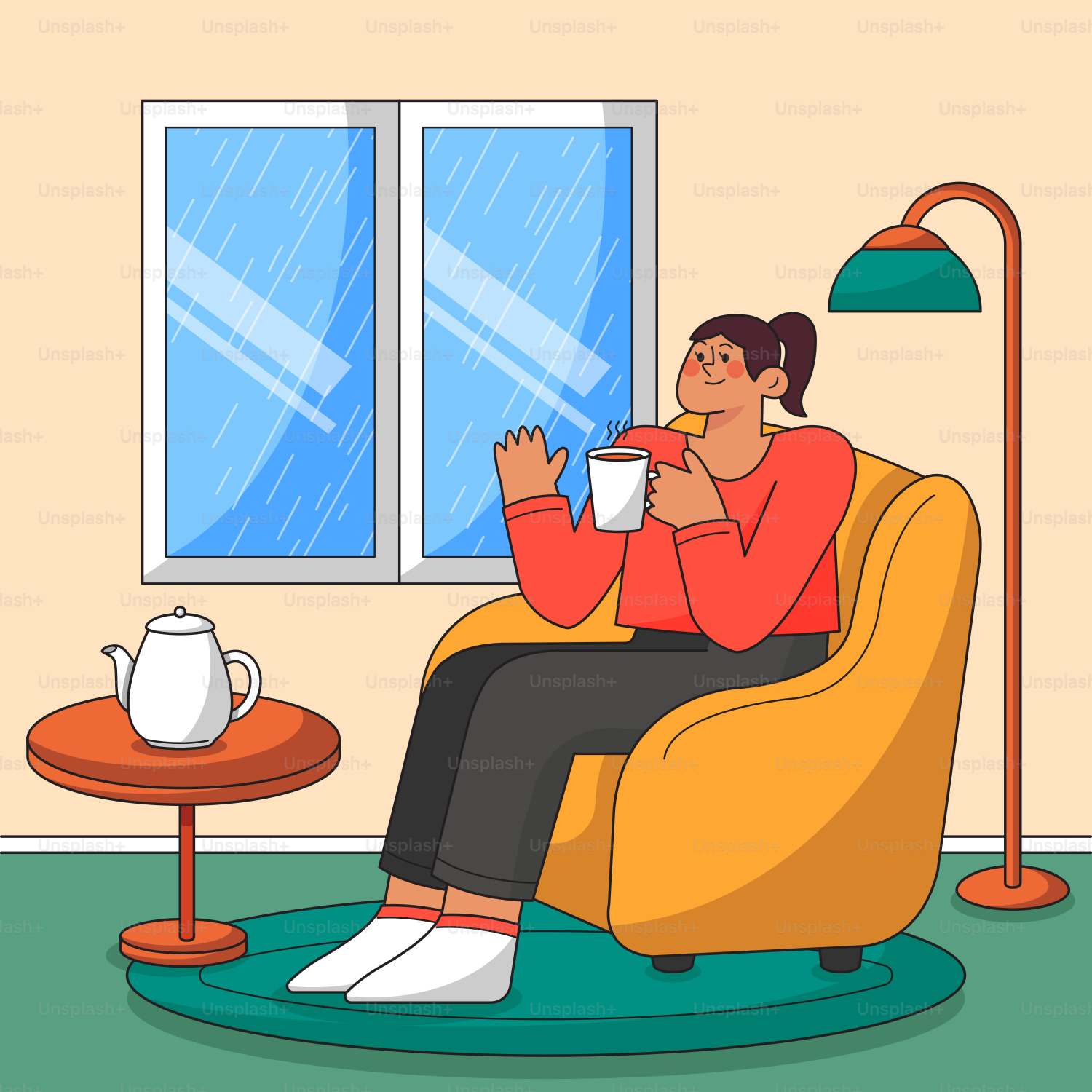 Una donna seduta su una sedia che beve una tazza di caffè