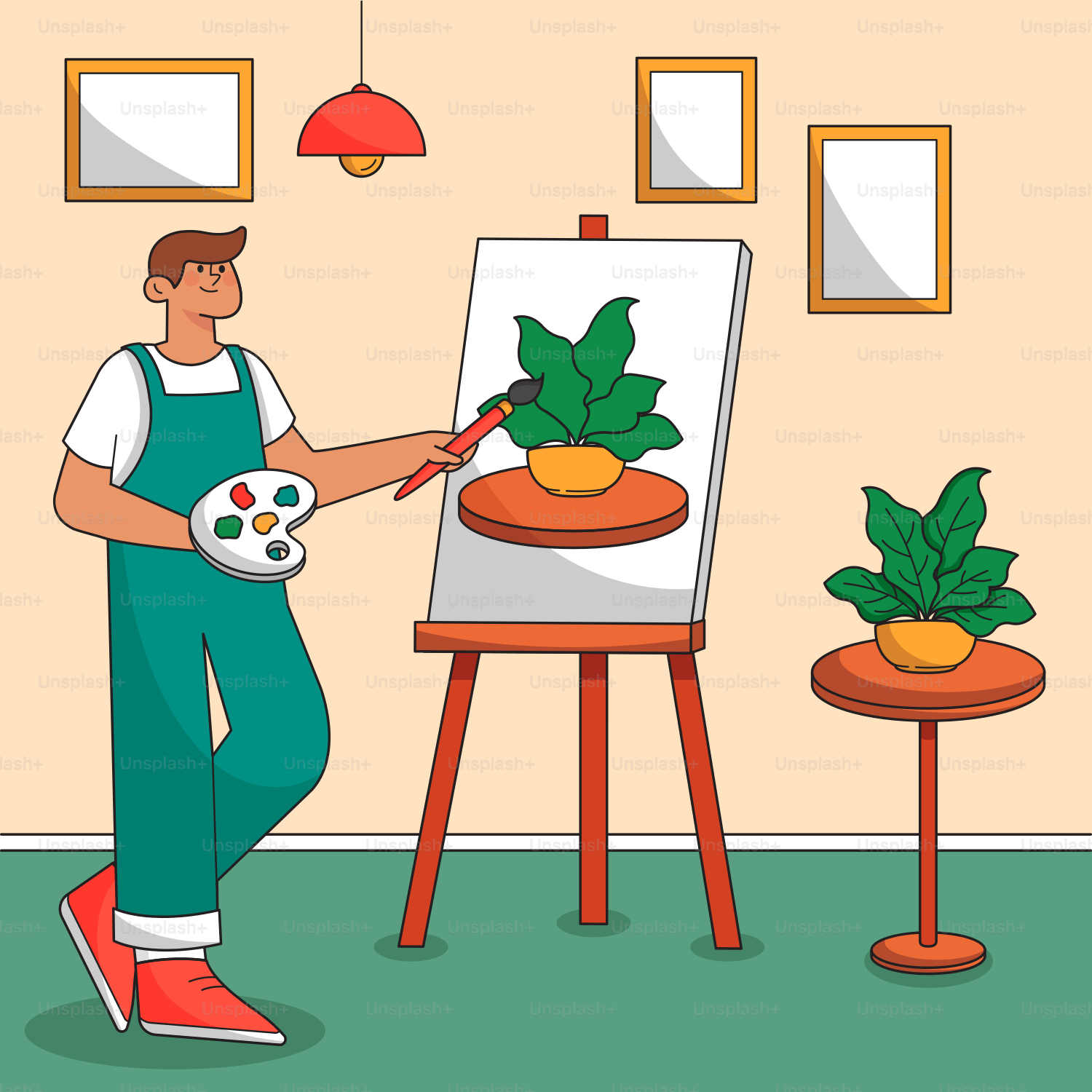 A man is painting a plant in a room