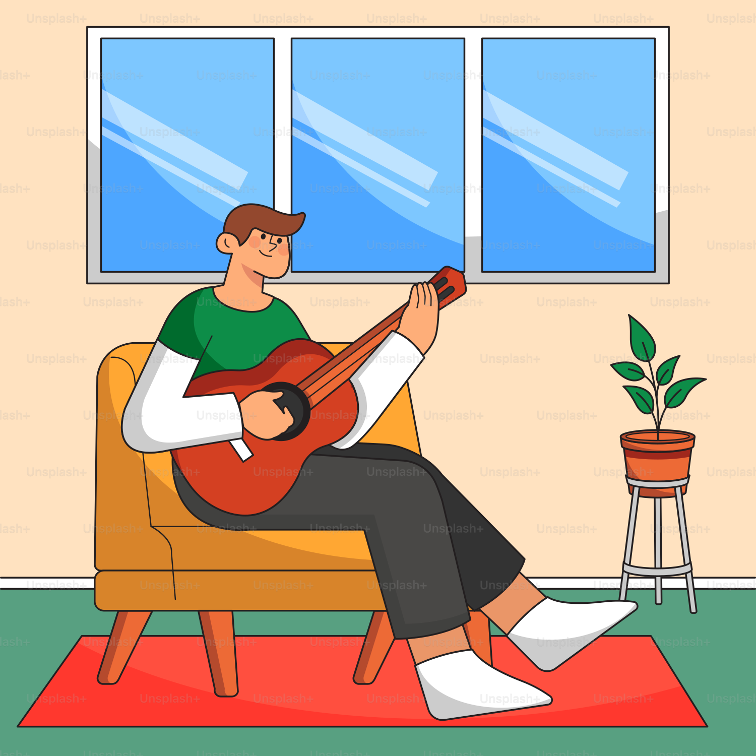 Un hombre sentado en un sofá tocando la guitarra