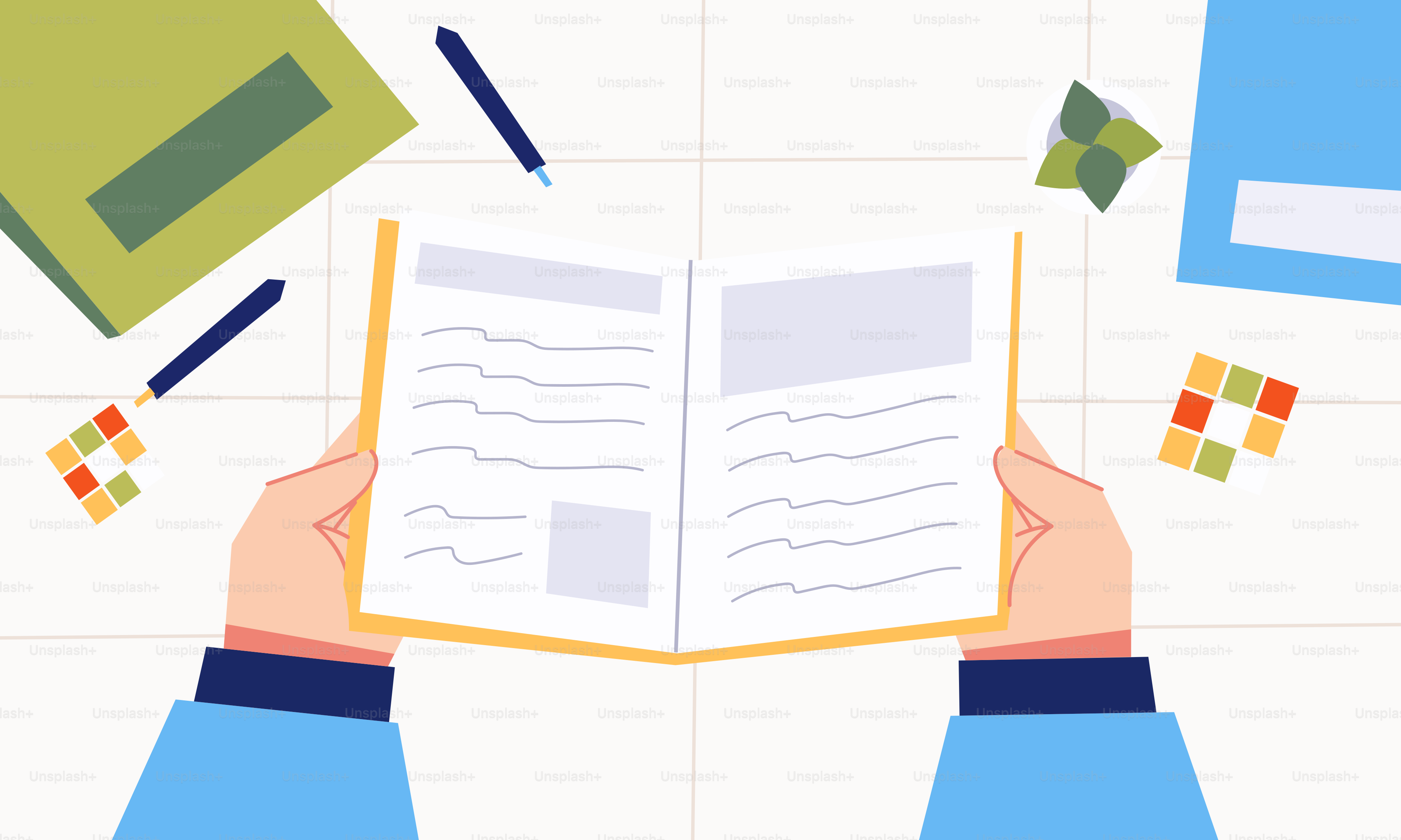 A person reading a book surrounded by office supplies